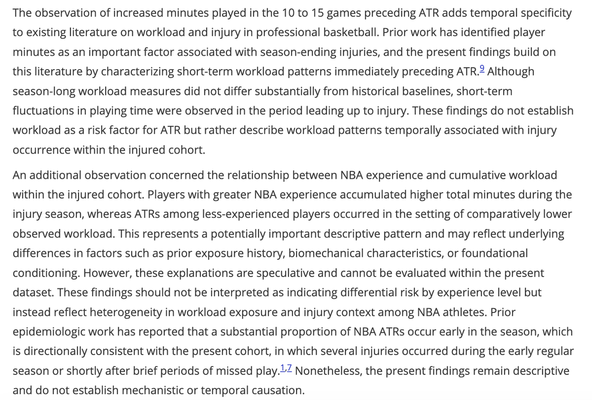 MikeVorkunov's tweet photo. New medical study examining Achilles tears in the NBA said there was some correlation to increased workload in the 10 and 15 games before a player tore their Achilles. It found that players who got hurt averaged more minutes in the 10 and 15 game periods before the injuries than their season average.

The study said: "No significant associations were identified between (Achilles tear rupture) occurrence and age, player position, role, early sport specialization, or measures of schedule congestion."

Full study: https://t.co/pMwUe7FvuP