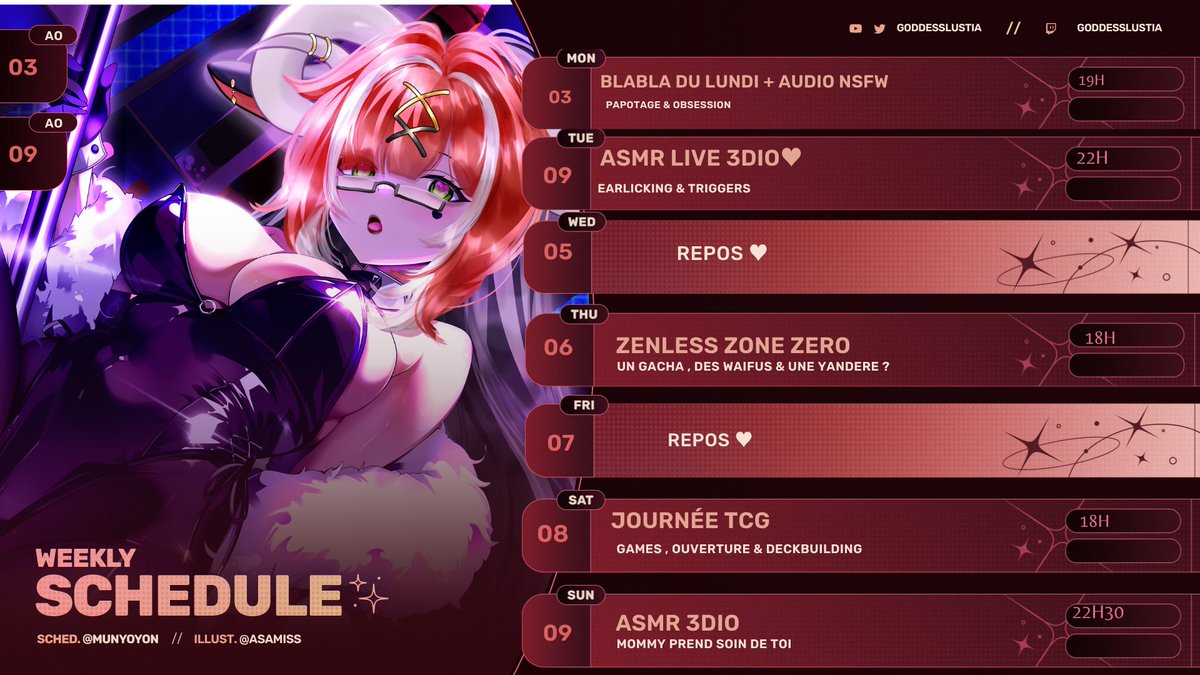 GoddessLustia's tweet photo. Nouvelle Semaine ♥ Premier AUDIO ASMR sur Youtube et évidemment premier audio NSFW sur Patreon ♥
Pleins d'ASMR , découverte d'un gacha parce que j'adore les waifus et une journée TCG ♥ 
J'ai déjà hâte de te retrouver mon cœur , toi aussi pas vrai ? ♥ https://t.co/zZSTk9pFGO