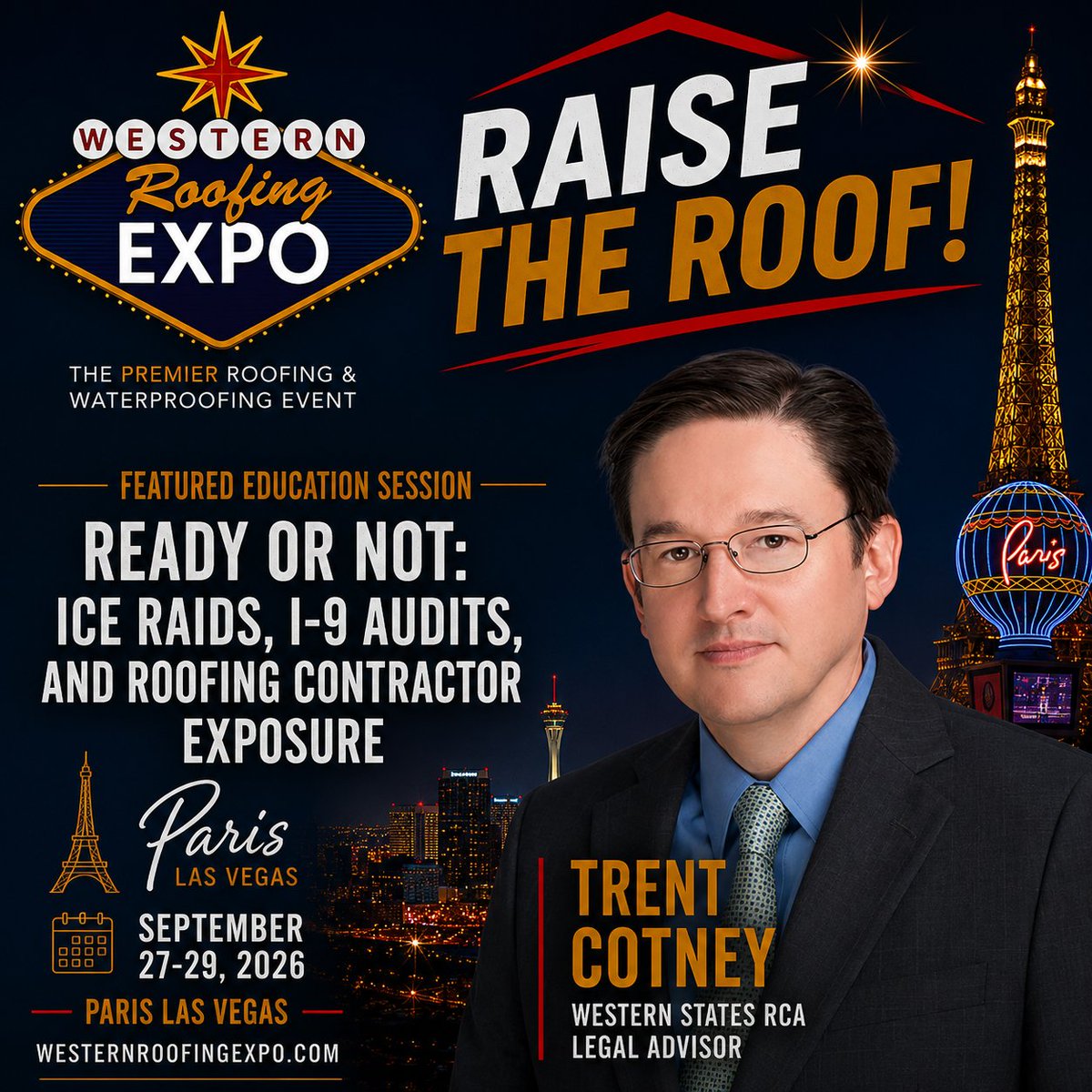 TrentCotney's tweet photo. @WSRCA  expo is right around the corner. Make sure to catch Benjamin S. Briggs, Esq. and I speaking on the latest issues with ICE Raids and I-9 audits. #roofing #immigration #ICE  @adamsandreese https://t.co/WIhhC1LXS6