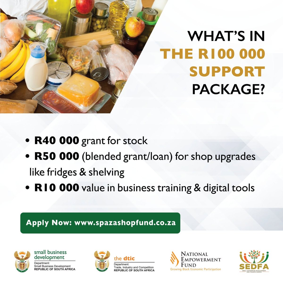 NYDARSA's tweet photo. The Spaza Shop Support Fund, supported by the Department of Small Business Development (DSBD) and the Department of Trade, Industry and Competition (the dtic) aims to help township and rural community convenience stores (spaza shops) through financial and non-financial support.

This is your chance to get up to R100 000 in funding to grow your business.
Apply for the Spaza Shop Fund today at https://t.co/D1lxHAQ3S5.

People aged 35 or older are also welcome to apply.

#ApplyNow #Funding #SpazaShopFund #TownshipEconomy #SouthAfrica