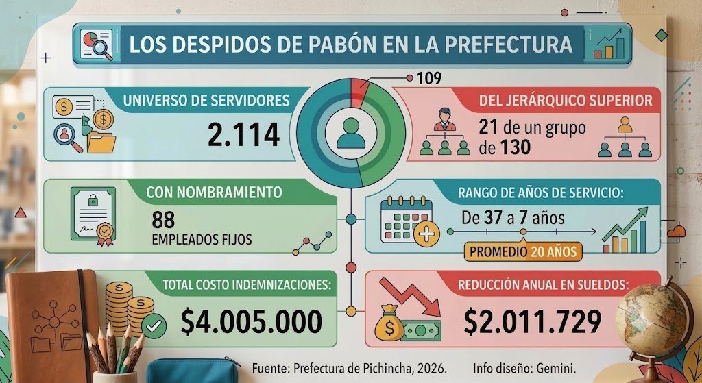 CarlaMaldonadoP's tweet photo. Los 88 despedidos de la Prefectura de Pichincha tenían en promedio 20 años de antigüedad

La prefecta de @PichinchaGob de la RC5, @PaolaPabonC, despidió a 109 servidores en total este año. El universo de funcionarios en la Prefectura de Pichincha es de 2.114 (aunque hay diferentes cifras en los documentos oficiales). Lo que significa una reducción del 5,16% de ese total. El costo de esos despidos es de $4'005.000, según la certificación presupuestaria CP-1026-CPRE-26. 

De ellos, 88 son servidores de carrera y con nombramiento, que han trabajado entre 37 y 7 años (Ver cálculo) en la Prefectura de Pichincha. Con un caso de excepción de una recepcionista que apenas estuvo ocho meses en funciones por problemas con la funcionaria que se dormía en el trabajo, Matilde Renjifo, según una fuente. Es decir, tal y como lo anunciamos, son todos los que trabajaban ya muchos años en la entidad, cuando llegó Pabón con su gente hace casi ocho años, que cumplirá el próximo 24 de mayo, según el informe GADPP-DATH-CTH-2026-0389-INF, del 31 de julio de este año. 

En el documento están todos los nombres de los servidores despedidos de este grupo, que pertenecían a 23 unidades: 19 direcciones; una gerencia; 2 secretarías y una Procuraduría Síndica. Con estos despidos, se suprimen 88 puestos de nombramiento permanente, que la nueva máxima autoridad de la provincia de Pichincha sólo podrá habilitarlos en dos años, según un abogado consultado para este texto. 

Una fuente contó que les despidieron a los de nombramiento porque "esa era su consigna, sacar a los de la administración anterior. Su odio, fue marcado en todos estos años con esos servidores, porque no quisieron firmar cosas chuecas, actas que no pasaban por proveedores, planillas con inconsistencias y otras que fragmentaban contratos, muchos designados a dedo", dijo. Además, a algunos de ellos "los acusaban de filtrar información, denunciar a la Contraloría y a medios los hechos maniobrados por Pabón en perjuicio de la Pichincha", explicó.  

En cambio, los otros 21 despedidos son del nivel jerárquico superior, de libre nombramiento y remoción, como directores, coordinadores, según el informe GDAPP-DATH-CTH-2026- 0374-INF, del 28 de julio de este año. Ellos eran 130 en total y costaban $5'520.570 en salarios al año. Tenían cargos de mayor importancia y mejores sueldos, entre $2.600 y $3.500 mensuales. Pertenecían a 14 unidades: 12 direcciones, 2 secretarías. 

Pero de este grupo de despedidos no se publicó ningún nombre. Es decir, hay secretismo y cero transparencia, lo que contradice el mensaje de la propia Pabón en un video anunciado los despidos. 

Hay casos especiales de este grupo. Por ejemplo, Gabriela Campos, fue despedida, era coordinadora de Desarrollo Organizacional con $2.600 de sueldo mensual. Pero, inmediatamente, la contratan como técnica con $1.760, explica una fuente.  Otro caso: Karina Herrera, exsecretaria particular, le despidieron y ahora es coordinadora de servicios Administrativos, $2.600.  ¿De qué reestructuración hablan? 

Además, la prefecta Pabón ordenó iniciar ese proceso de reestructuración institucional, el pasado 13 de marzo de 2026, en la resolución administrativa 04-SGEN-2026, para fusionar o suprimir áreas y puestos por motivos técnicos y económicos
Es decir, la orden se hizo 70 días antes de que existiera el Decreto Ejecutivo 392, que fue publicado el 22 de mayo de este año. En el reglamento se explica cómo se calcula el cumplimiento de la ley.

Es evidente que la cuerda se rompió por el lado más frágil, los que tenían décadas de antigüedad y no eran militantes, ni seguidores ni amigos de Pabón. El ajuste económico como consecuencia de las reformas al COOTAD perjudicó a estos servidores con nombramiento más que a los otros del jerárquico superior.   ¿Las 84  personas que entraron por concurso de méritos y oposición organizado por Pabón, se quedarán al igual que los amigos de prefecta?, preguntan los despedidos.