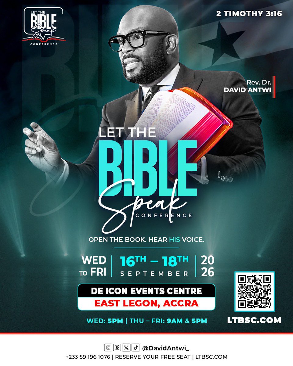 davidantwi_'s tweet photo. It’s time we opened the Bible &amp; let God speak‼️

The first ever Let The Bible Speak conference is coming to Africa!! Join us from Wednesday 16th–Friday 18th September 2026 in Accra, Ghana.

Visit https://t.co/tKhSn8NSXl to register your place now! https://t.co/mXnQydU1Sd