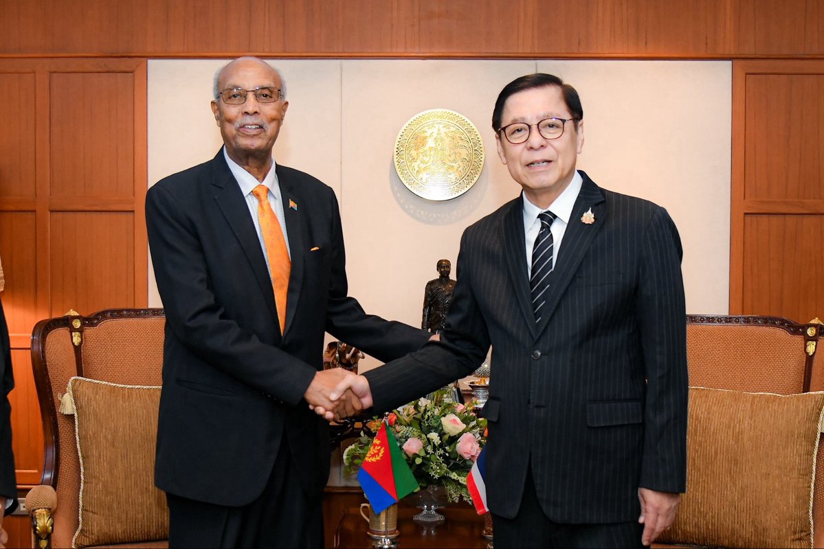 MFAThai's tweet photo. DFM/FM @SihasakPh met with H.E. Mr. Alem Tsehaye Woldemariam, Ambassador of the State of #Eritrea to Thailand. Both sides reaffirmed their commitment to advancing the Thailand - Africa Initiative, strengthening bilateral coop., supporting each other in international fora, and expanding development cooperation through TICA’s scholarships and training programs. (31 Jul 2026)
