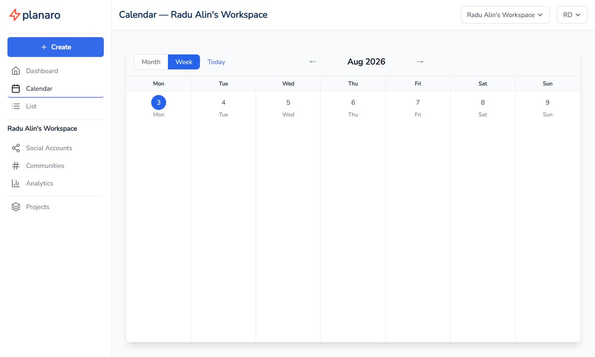 GetPlanaro's tweet photo. It's Monday. New week, blank calendar, seven days of chances to reach your audience.🗓️
Plan and schedule everything now—Planaro publishes to X, LinkedIn, and Bluesky on time, then auto-reshares to your communities. No daily scramble.

#SocialMediaMarketing #ContentMarketing https://t.co/JPkRwT2sz3