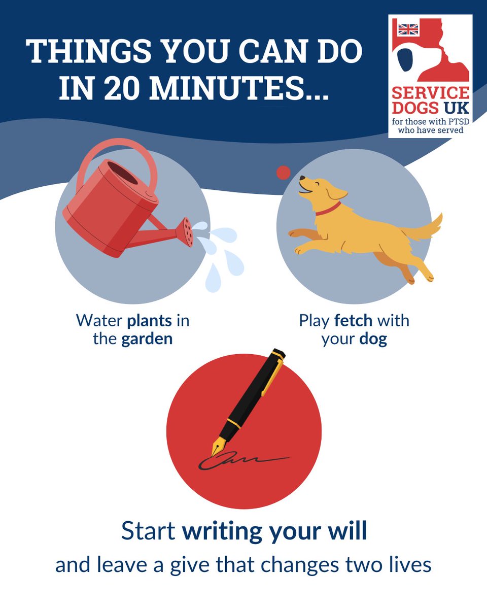 ServiceDogsUK's tweet photo. What could you do in 20 minutes?

Create your FREE Will with Service Dogs UK.

It's simple, secure, and could help leave a lasting legacy, supporting our mission to transform Veterans' lives through expertly trained assistance dogs.

Start your FREE Will: https://t.co/atXjg924oJ https://t.co/qI6rZvDcVq