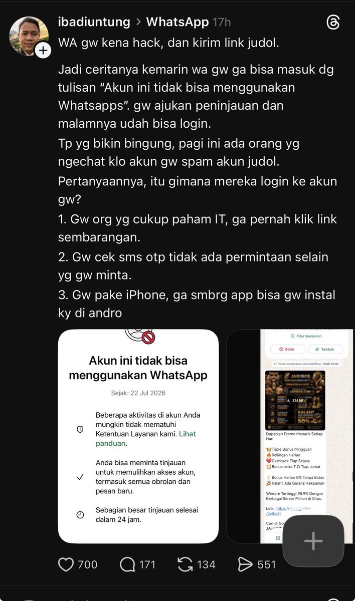watermealen's tweet photo. guyssss ati” bangett yaaa lagi banyak whatsapp yang di hack abis itu dipake buat spam promosi judol 😔 aku baca baca sih penyebabnya karna ada spam call dari no random terus diangkat sama orgnya!! 

hati hati ya guyss kalo ada yg spam call random jangan diangkat pls sayang banget wa nya dipake buat nipu 😭