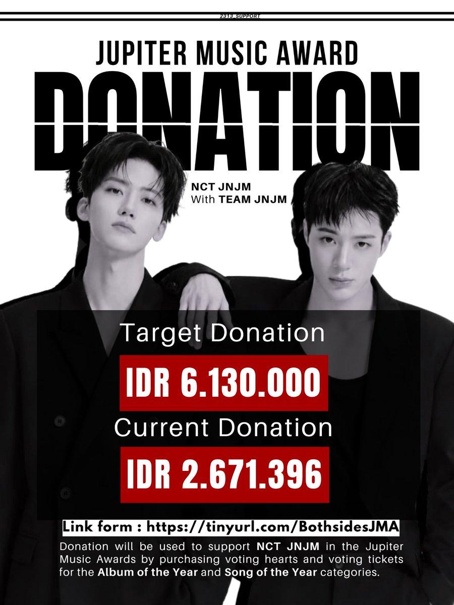 2313_SUPPORT's tweet photo. 📢 JUPITER MUSIC AWARDS — Donation Update

★ 44% OF TARGET ACHIEVED ★

💰 Current Donation: IDR 2,671,396
🎯 Target Donation: IDR 6,130,000

🔗 https://t.co/OI8EOCsGRy

We're getting closer to our goal! Every donation will be used to purchase voting hearts and tickets for NCT JNJM in the Album of the Year and Song of the Year categories at the Jupiter Music Awards.

Let's reach our goal together and give NCT JNJM the strongest support we can! ❤️

#NCTJNJM #BOTHSIDES #TeamJNJM #JupiterMusicAwards