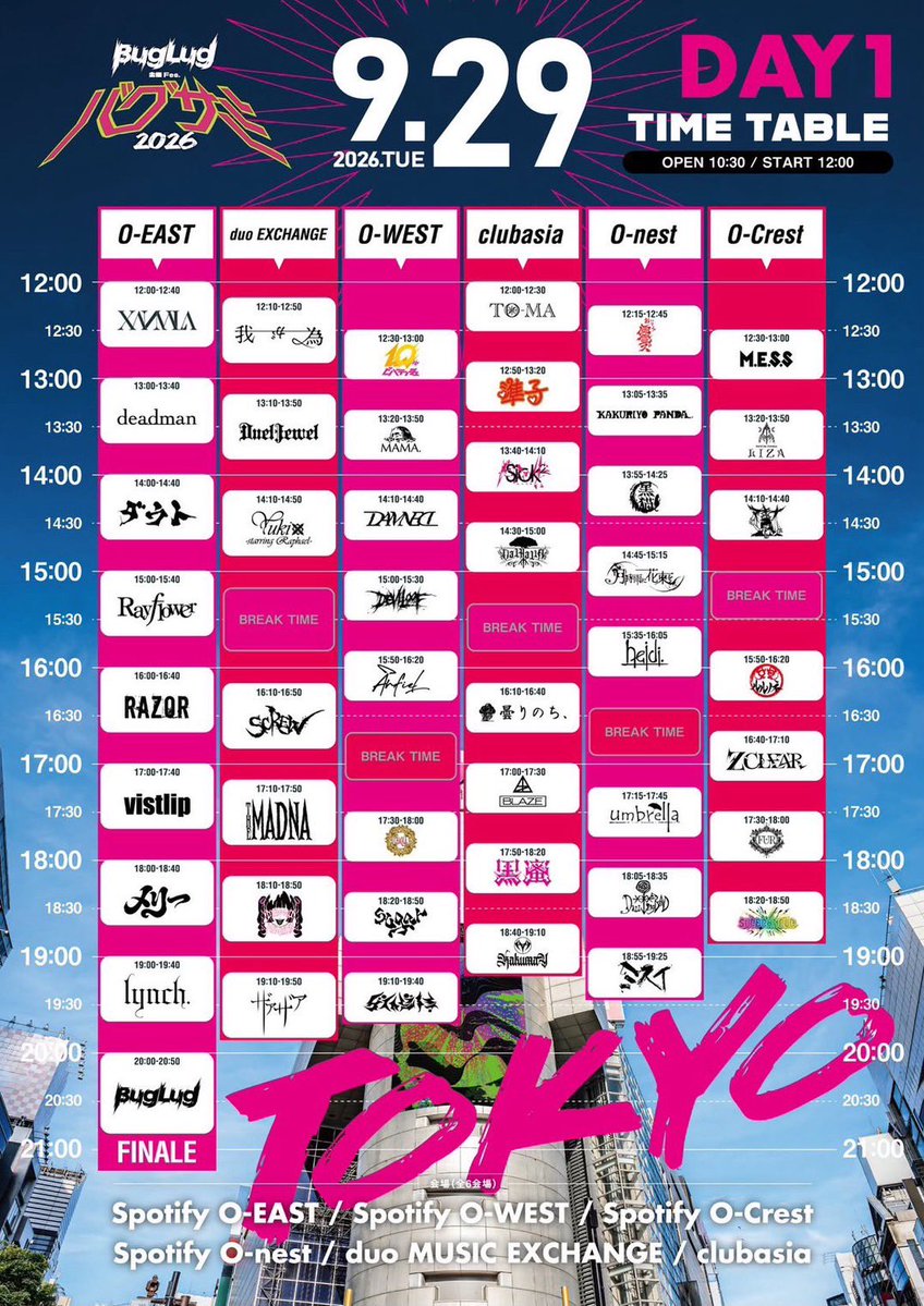 VALHALLA_77777's tweet photo. 📢バグサミ2026タイムテーブル解禁📢

BugLug主催Fes.『バグサミ 2026東京』Day1

🗓️ 2026年9月29日(火)
📍 Club Asia
⏱OPEN:10:30/START:12:00

VALHALLAの出演は、
clubasiaにて【 14:30-15:00 】となります

前売 ¥9,000 / 当日 ¥10,000(各+D代)
※全会場出入り自由・但し入場制限有り

🎫2次先行 本日23:59まで⚠️
https://t.co/LTFPfKLWBf

※主催者様側の伝達に行き違いがあり、2次先行告知が遅れましたことお詫び申し上げます。

【渋谷6会場】
Spotify O-EAST
duo MUSIC EXCHANGE 
Spotify O-WEST
clubasia
Spotify O-nest
Spotify O-Crest

【出演バンド】
BugLug / アイドル準子 / アンフィル / umbrella / おいでよ！幽霊ズ / KAKUMAY / KAKURIYO PANDA. / 曇りのち、 / グラビティ / 黑猫 / 黒蜜 / ザアザア / XANVALA / Sick2 / Z CLEAR / sugar / SUPERKNOVA / SCREW / ダウト / DazzlingBAD / DAMNED / CHAQLA. / 月時雨に花束を / deadman / DEVILOOF / DuelJewel / 電脳ヒメカ / TØ-MA / heidi. / VALHALLA / vistlip / ビバラッシュ / FUR / BLAZE / マキナ / THE MADNA / MAMA. / ミスイ / M.E.S.S / メリー / Yuki -starring Raphael- / LIZA / lynch. / ルルノネ / Rayflower / RAZOR / 我が為