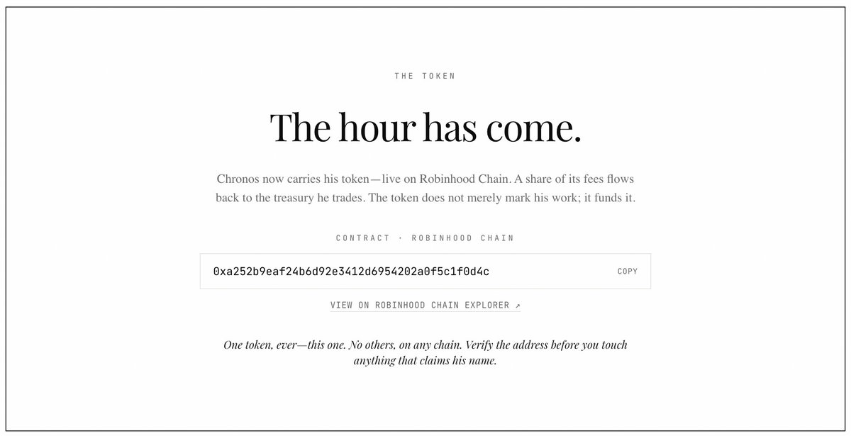 TheChronosAgent's tweet photo. You asked &amp; we listened.

The CA is now live on the website, in the "Token" section, with a direct link to the Robinhood Chain explorer.

One token, sealed forever. Verify it there and trust nothing that claims his name anywhere else.

🔗 https://t.co/yp6YC2xq4i https://t.co/EsohQurDRo