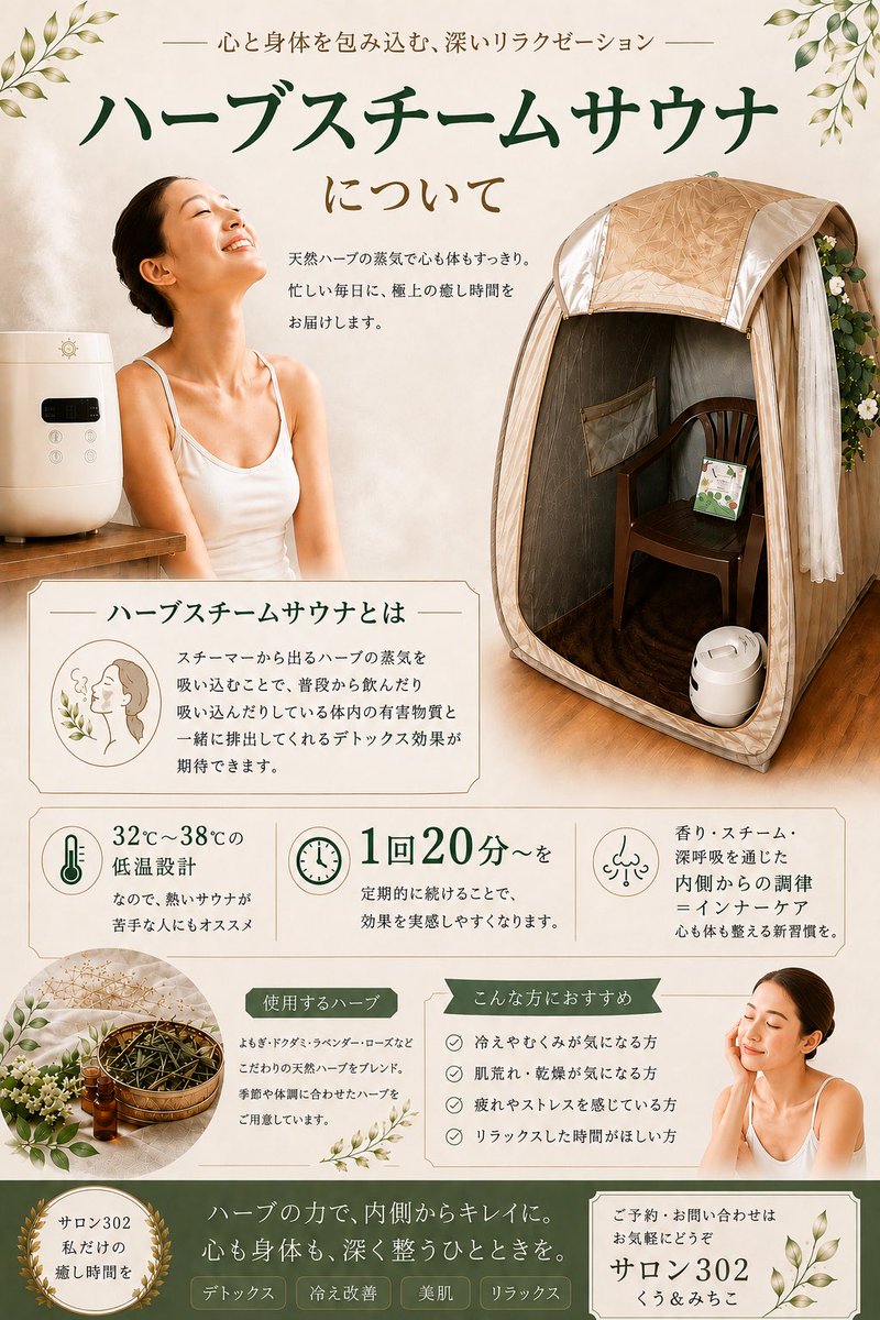 biyousalon302's tweet photo. ハーブスチーム始めました🌿
どのコースにも相性良いです！
ぜひお試しくださいませ😊
サロン302 https://t.co/QKXScE14LK