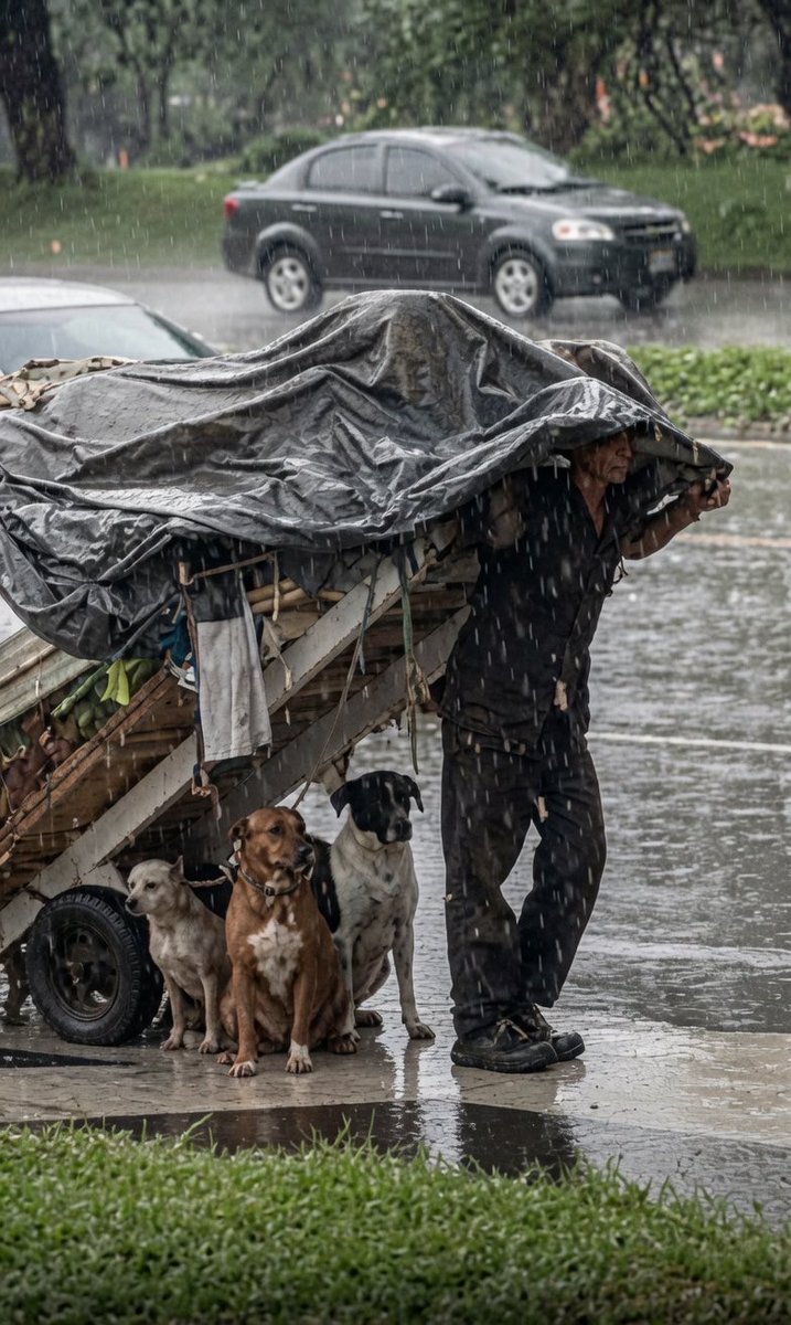 Puppieslover's tweet photo. A homeless man in Colombia turned his cart into a shelter for stray dogs during a heavy rainstorm. He may not have had much, but he made sure the dogs stayed dry https://t.co/Rty1Fwplfu
