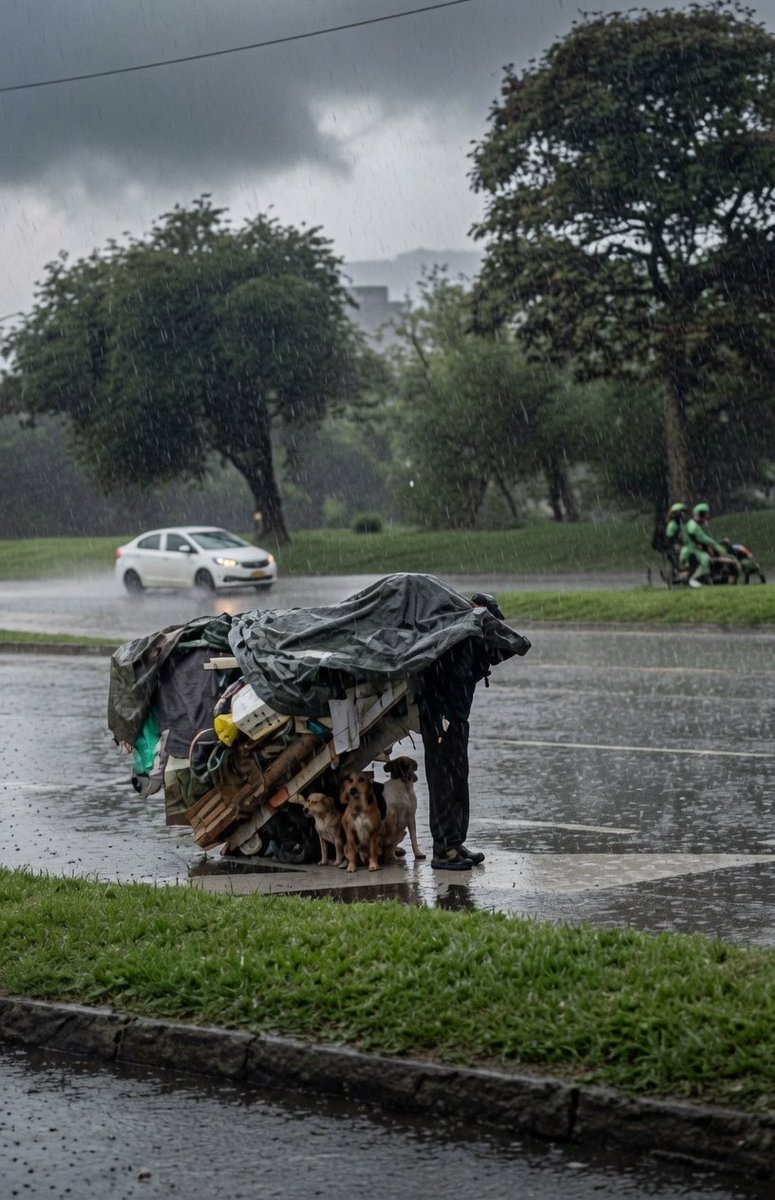 Puppieslover's tweet photo. A homeless man in Colombia turned his cart into a shelter for stray dogs during a heavy rainstorm. He may not have had much, but he made sure the dogs stayed dry https://t.co/Rty1Fwplfu