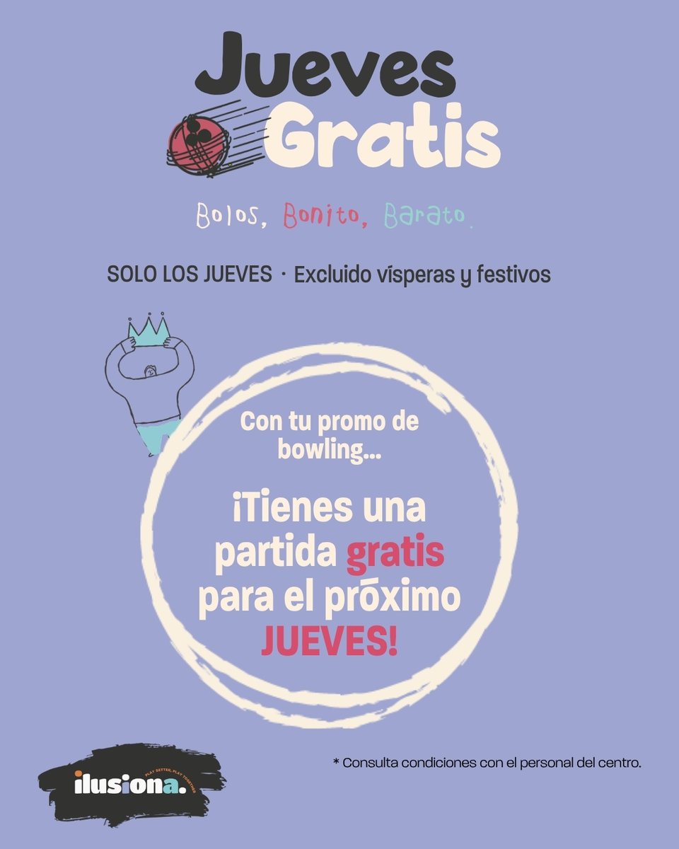 FerialPlaza's tweet photo. 🎳 ¡Los jueves se juega gratis en Ilusiona!

Con la compra de cualquiera de sus promociones de bowling, recibirás una partida gratis para disfrutar el jueves siguiente. Una oportunidad perfecta para volver, repetir plan y seguir sumando buenos momentos.

La promoción es válida únicamente los jueves, excepto vísperas y festivos.

📍 Consulta todas las condiciones con el personal de Ilusiona, en Ferial Plaza.

@ilusionaocio #FerialPlaza #ConectadosContigo #Ilusiona #Bowling #Guadalajara