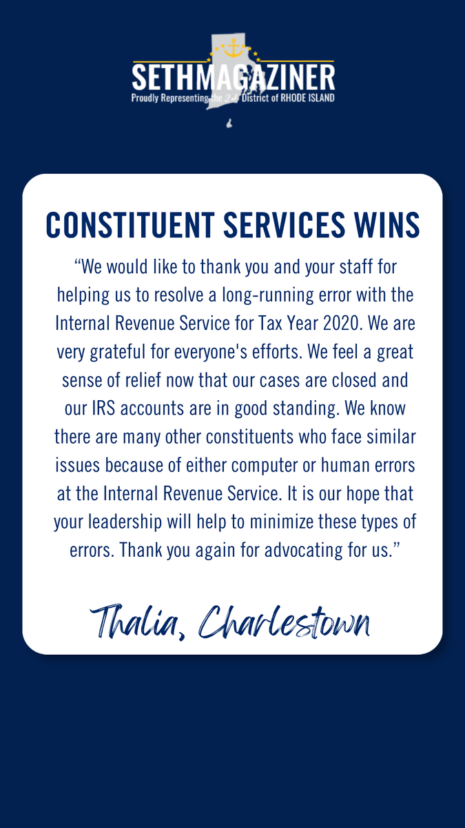 Rep_Magaziner's tweet photo. Making sure federal agencies are responsive to constituents is one of my top priorities.

Just ask Thalia from Charleston. After two years of delays from the IRS, my office helped her secure a $5k tax refund.

If you ever need help, give my office a call at 401-244-1201. https://t.co/je2EmxO8wG