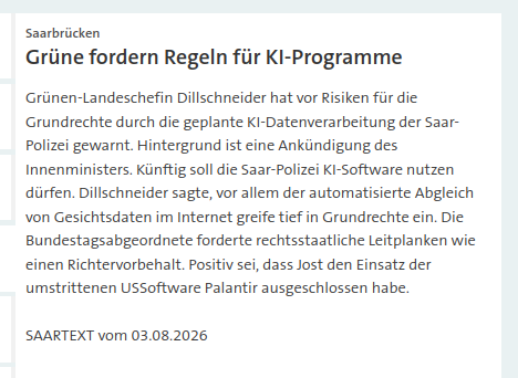 UK136S's tweet photo. Grünen-Landeschefin Dillschneider hat vor Risiken für die #Grundrechte durch die geplante KI-Datenverarbeitung der #Saar-Polizei gewarnt | #Palantir https://t.co/GaO2McBiL2
