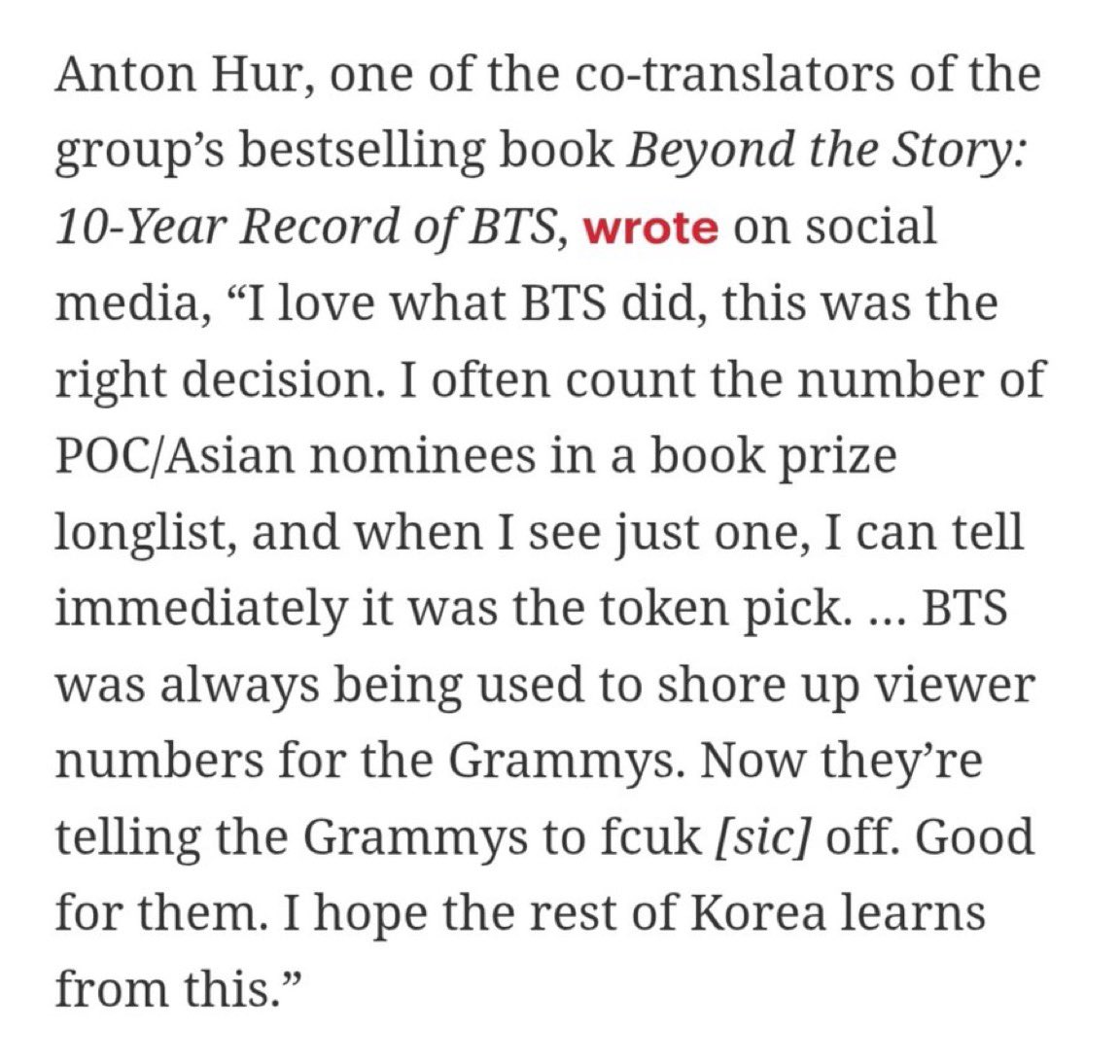 proudbaangtan's tweet photo. Anton Hur: "BTS'in yaptığı şeye bayıldım, doğru karardı kesinlikle. BTS hep Grammy'nin izlenme sayısını arttırmak için kullanıldı. Şimdi grammy'ye s!ktiri çektiler. En iyisini yaptılar, umarım kore'nin geri kalanı da bunu örnek alırlar." https://t.co/u2H0ZornlP