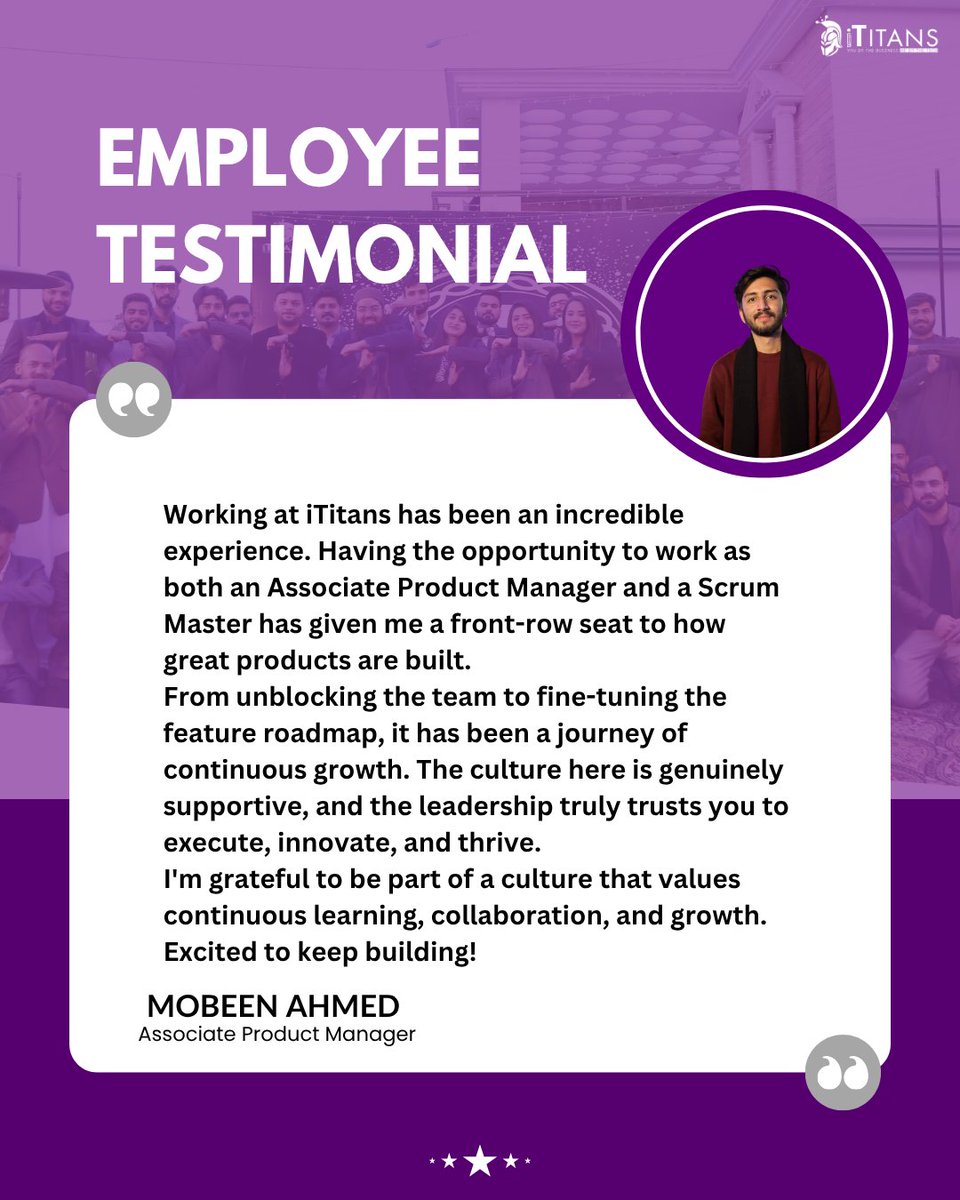 ITitans123's tweet photo. Growth begins with the right environment. At iTitans, we strive to create a workplace where our people can learn, collaborate, and succeed. Here's what one of our team members shared about their experience.

#iTitans #EmployeeTestimonial #EmployeeExperience #WorkplaceCulture https://t.co/V0FkC52LGf