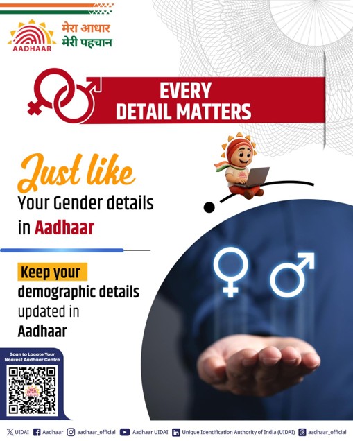 UIDAI's tweet photo. Accurate demographic details help keep your Aadhaar up to date.
Update your gender details by visiting your nearest Aadhaar centre. To locate your nearest Aadhaar Centre, click https://t.co/3Kkp70Kl23
#AadhaarApp #GenderUpdate #Aadhaar https://t.co/yXyxLVNKVO
