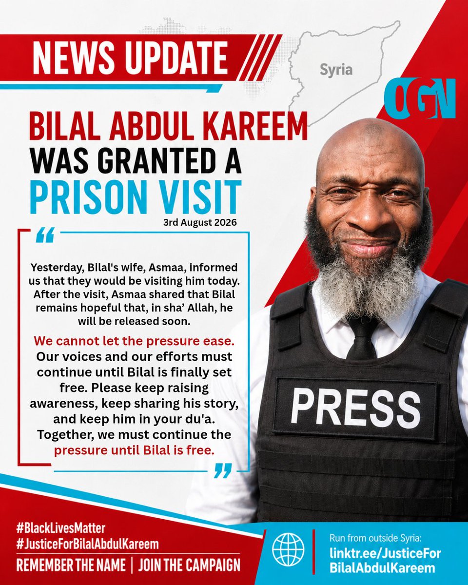 OGNreporting's tweet photo. 🔴 @BilalKareem WAS GRANTED A PRISON VISIT

👉 Bilal Abdul Kareem's Story: https://t.co/dN6qXWKFdi

#BlackLivesMatter
#JusticeForBilalAbdulKareem
REMEMBER THE NAME | JOIN THE CAMPAIGN
🌐 Run from outside Syria: https://t.co/EZn6hJCGwv https://t.co/a4wQwXEPQx