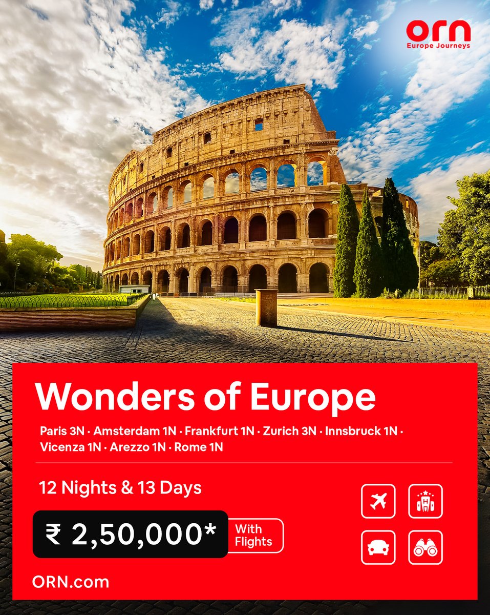 ornjourneys's tweet photo. 🇪🇺 Europe is closer than you think. The hardest part isn't the destination—it's planning it.

Flights | Hotels | Sightseeing | Transfers—ORN takes care of it all.

🌍 Wonders of Europe from ₹2,50,000* + 🎁 Travel Credits up to ₹50,000.

 Join now https://t.co/62ejr49nFY https://t.co/gH5U3sS9UZ
