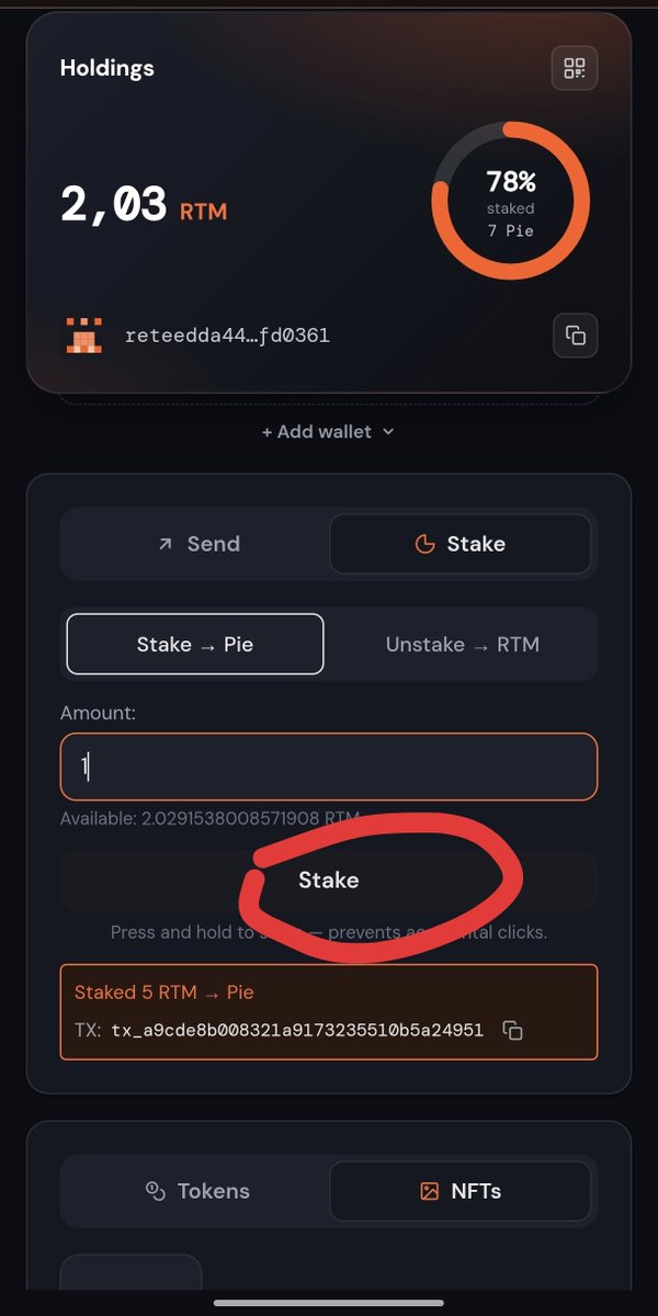 DheaRatna10's tweet photo. How to stake on @RetiumChain Just enter the nominal and hold on the text that I circled, wait until there is a success message, and the stake is complete..
https://t.co/xvyPFpucf7 https://t.co/i0nvuzKVET