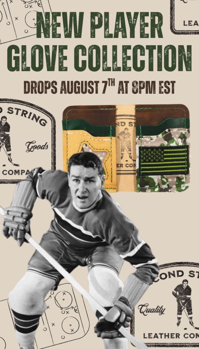 SecondStringLC's tweet photo. Mark It Down ✅

This Friday at 8:00 PM EST, our NEW Player Glove Collection officially drops. 🏒🚨

You won’t want to miss this release. 👀

👉 Shop: https://t.co/s5ycZhRgig https://t.co/Yyr1Fq9xwI