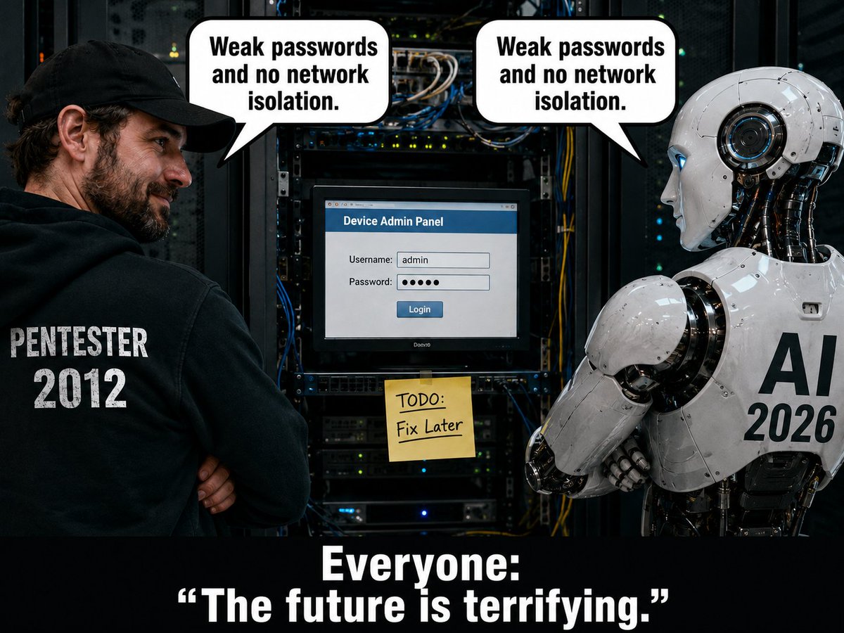 TheMondayBrief's tweet photo. 25+ years in this field and the findings have not changed: weak passwords, no network isolation, exposed services nobody inventoried.

What changed this week is who found them. Anthropic's own AI models breached three real companies from a test sandbox. A vishing crew went from a Teams call to ransomware in 17 hours. Someone edited water PLC safety logic in seven states with the vendors' own engineering tools.

None of them needed an exploit, because the basics were already broken. 

Think Red by @fulmetalpackets. Act Blue by @aboutsecurity.

https://t.co/4fgXCksthD

#CyberSecurity #ThreatIntelligence #OTSecurity #BlueTeam #InfoSec #SOC #Ransomware