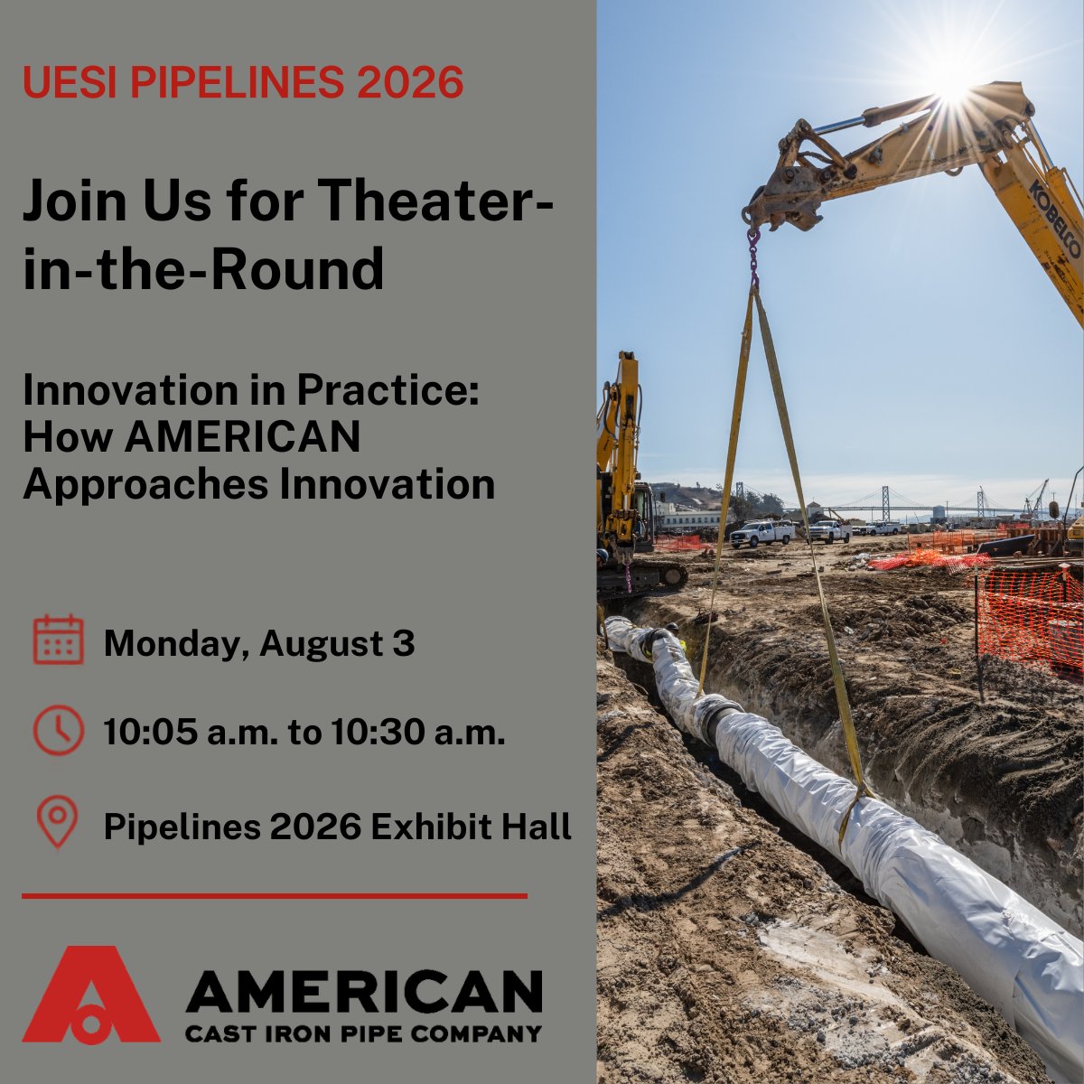 NewsatAMERICAN's tweet photo. @uesi_asce #Pipelines2026 attendees: Join AMERICAN today at 10:05 a.m. in the Exhibit Hall for our Theater-in-the-Round presentation. We'll share AMERICAN’s approach to innovation and how it benefits owners, engineers and the waterworks industry. See you there! #Pipelines26 #UESI https://t.co/nqy4ctvbwI