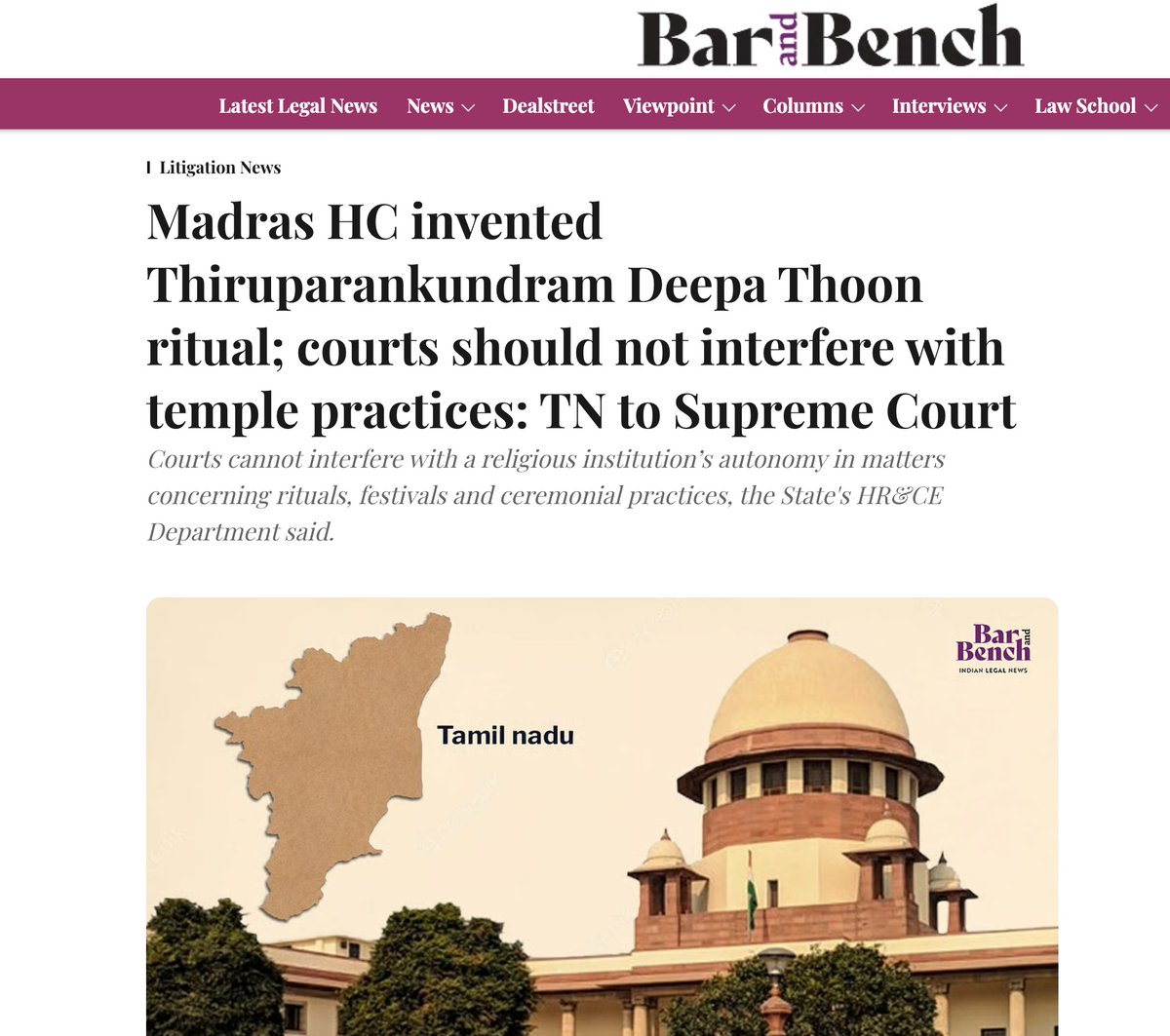 trramesh's tweet photo. This is what the TVK Government told Supreme Court in the Tirupparankundram Deepa Thoon matter:  
" Courts should not interfere with ritual"   

   What about this shameless @tnhrcedept violating the law and interfering with temple rituals every day? 

   This Department which functions by FRAUD interfered with  the following practices that were followed in temples. They continue to commit the following atrocities: 
a.  Tried to change  the date of Tamil New Year 
b.  Tried to change the language of ancient rituals (will they dare to do such interferences in Mosques?)  
c.  Built/building toilets inside the temples against agama practices 
d.  Built Annadhana halls inside the temples against agama practices
e.  Built offices for Executive Officers who are present by FRAUD inside the temples - against Agamas against Heritage 
f.  Built two huge  Guest Houses inside Sri Arunachaleswarar Temple, Tiruvannamalai and are now  shamelessly renovating it - against Agama Principles - against the ancient temple heritage 
g. Shamelessly interferes with Kumbabishekam rituals every time.  
h.  Allow shops inside the temple premises - against the agamas of the temples and the law of the land. 
i. Unlawfully made servants of the @tnhrcedept as the sole trustees of many temples and decided many religious matters through them 
 j.  The unqualified fellows in the @tnhrcedept decide the agama syllabus these days. 
k.  The incompetent, unqualified Department fellows interview persons for Agama and Vedic pundit posts.
l.  The HR&CE Act says Government can give "permission to melt" icons of Murtis. Only scoundrels could have come with such a law. 
m.  The anti-Hindu fellows in the Govt and @tnhrcedept decided to reduce the 48 day Mandala pooja in Sri Dhandayuthapani Swamy Temple to 3 days.  Thanks to urgent intervention by Hon'ble Division Bench of Madras High Court which heard my petition on a Saturday,  the 48 day ritual was saved. 
n.  The misfits in the department destroyed many Ramayana panels in the name of renovation. 
o.  Many ancient murals were destroyed by the useless @tnhrcedept fellows who have no idea about  conservation. 
p.  Many crores of rupees of HIndu Temples were diverted for non-temple purposes and even non-Hindu purposes in the last 40-50 years.
q.  By their failure to realise more than 95% of the due income from the temple lands and buildings, the TN Govt and @tnhrcedept have denied the Hindus of Tamil Nadu to profess, practice and propagate their religion.
r.  The @tnhrcedept banned special poojas in Hindu Temples in Tamil Nadu and special  Annadhana on the day Ayodhya Ram Mandir was consecrated. 
s.  The @tnhrcedept forces many temples to do Annadhana to honor late Chief Minister Annadurai every year on his DEATH anniversary.  Annadurai called for burning of Saivite and Vaishnavite holy books in Tamil. 
t.  The FRAUD department which has NOT gone out of Sri Thiagarajaswamy Temple, even after 60 years of Supreme Court Ruling  - has deliberately reduced the daily offerings to Sri Thiagarajaswamy by more than 80% of what was originally offered.  Yet it shamelessly takes 16% of the income of the temple as "fees". 
u.  This useless department failed to protect a water body adjacent to Tiruvarur Temple known as "Senkazhuneer Odai" where a particular rare flower was grown for daily poojas.  The water body was about 31 acres in size. Its gone. 
v.  This shameless department had given the lands of Sri Gangadeeswarar Temple, Chennai to build a church -  Salvation Army Church.  The church is a chronic defaulter of lease amounts running to many lakhs of Rs. 
W. Two ancient temples are missing in Tiruvannamalai Town. and in their places shops are being run.
X.  The Commissioner of @tnhrcedept  regularly stole money from Hindu Temples for his office purposes. A few examples:
  1.  For constructing conference hall in his office
  2. For constructing toilets in his office
  3.  For constructing reception area in his office. 
  4. For constructing canteen in his office 
  5. For buying photocopying machine for his office
  6. For construction of library in his office. 

  Y.  This department closed a Veda Patasala that was functioning in Rameswaram 
 Z.  5389 cows donated to Tiruchendur Temple went "missing" in an audit period and this theft was recorded by the Auditors of HR&CE Department.  No action taken. Many ancient Murtis and jewels of the deities went systematically missing over the years. No FIR. No enquiries. 

Shameless fellows telling Courts should not interfere.