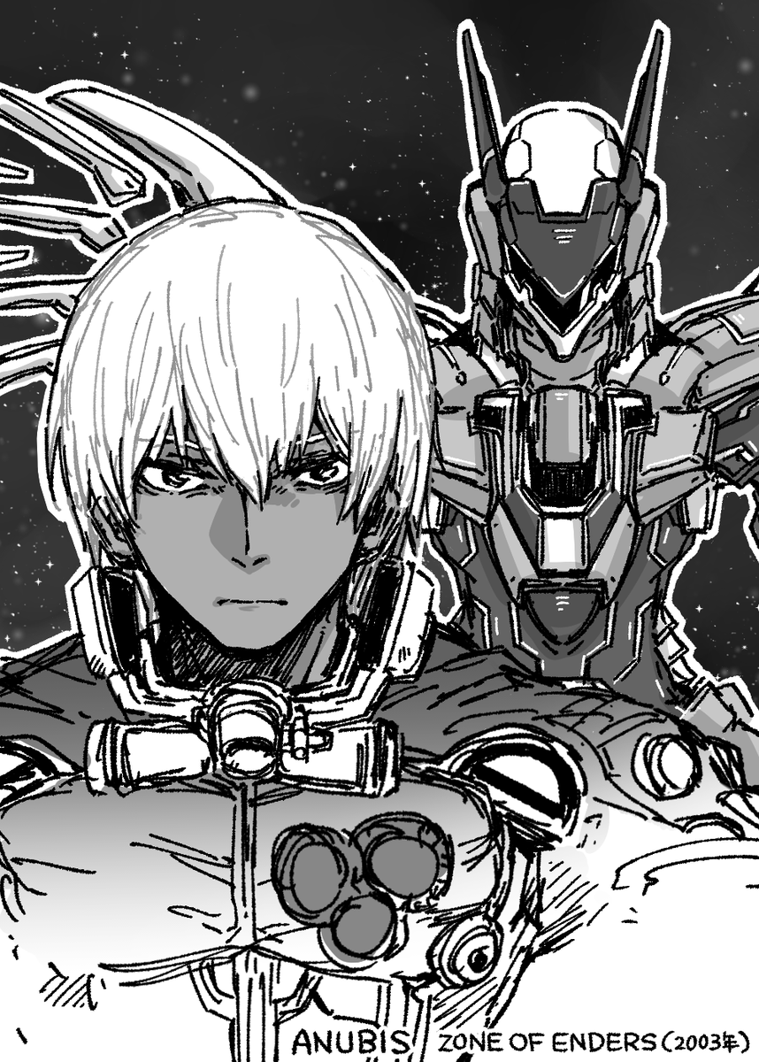 sasakamakue's tweet photo. 思い出のゲームの絵描きました。
ANUBIS ZONE OF THE ENDERSよりディンゴとジェフティです。ロボットアクションゲームでPS2時代の最高峰だったと思います。あのホーミングレーザーのマルチロックと流れるようなブレードアクションは脳汁ドバドバ。
先にアヌビスから知っちゃって前作ZOEも遊びました。
前作主人公のレオも可愛いですよね。でもアヌビスの最強ヒロインは？と言われれば勿論エイダですよね。
AC6のエアと同系統の最高に可愛いキャラだと思います。なんでかビジュアルは無いんですけど。なんでか。