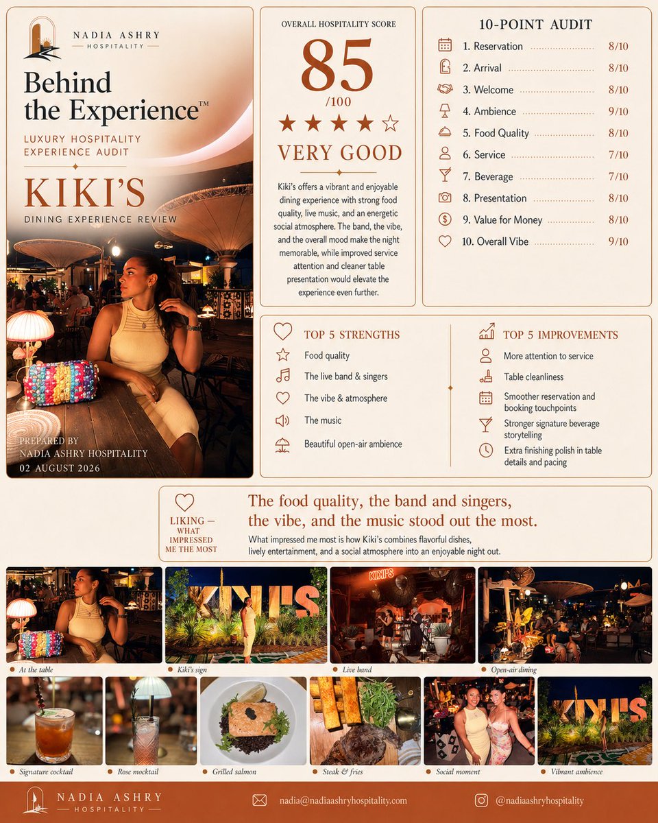 nadia_ashry9's tweet photo. Let’s go Behind the Experience ✨

A full hospitality journey @kikis.beach , where delicious food, live music, energetic performances, and a vibrant open-air atmosphere come together for an enjoyable night out.

Overall Hospitality Score: 85/100 — Very Good.  #BehindTheExperience #NadiaAshryHospitality #Kikis #NadiaAshry #queenofhiddengems