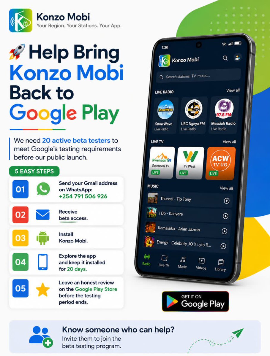 RonnieMc79924's tweet photo. 🚀 Konzo Mobi needs 20 beta testers!

To join: • Send your Gmail (used on Play Store) via WhatsApp: +254 791 506 926 • Install the app and keep it for 20 days • 

Your support will help bring Konzo Mobi back to the Google Play Store. Share with others who can help! https://t.co/sC35LBgo3Q