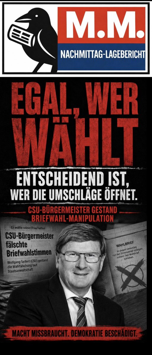 KolumnenMM's tweet photo. B R I E F W A H L B E T R Ü G E R   D E R   U N I O N    
G E S T Ä N D I G !!!
Egal, wer wie wählt – entscheidend ist, wer die Umschläge öffnet.

Der faktische Beweis: 
Ein Unionspolitiker gestand, bei einer Wahl die Briefwahl manipuliert zu haben.
Ein CSU-Bürgermeister aus Unterfranken hat gestanden, Briefwahlunterlagen geöffnet, Stimmzettel verändert und die Umschläge wieder verschlossen zu haben, obwohl er weder für die große Parteizentrale noch für den Weltuntergang handelte, sondern schlicht seiner Frau in den Gemeinderat helfen und sich selbst ein paar Stimmen mehr gönnen wollte.

Ein Mann, ein Schlüssel, ein Moment der Gelegenheit – fertig.
Mehr braucht es nicht, um die Mechanik zu verstehen, denn die Briefwahl funktioniert überall nach demselben Prinzip, bei dem irgendjemand den Umschlag öffnet, irgendjemand den Stimmzettel sieht, bevor er in die Urne wandert, und irgendjemand ihn theoretisch und, wie wir jetzt wissen, auch praktisch austauschen, ergänzen oder neu beschriften kann.

In Bayern hat das ein CSU-Politiker getan und es zugegeben, wobei das Couvert dasselbe ist, ob Kommunalwahl, Landtag oder Bundestag, und die Menschen, die es in die Hand nehmen, ebenfalls.

Natürlich gibt es Regeln, Siegel, Protokolle und Beobachter, und natürlich wird in den allermeisten Fällen ordentlich gearbeitet, doch Regeln schützen nur so gut wie die Leute, die sie anwenden.

Genau das hat der Fall gezeigt: 
Wenn der Zugriff da ist und der Wille, lässt sich der Wählerwille in einem privaten Moment umschreiben, wie ein Unionspolitiker das demonstriert hat.

Ob das andere Politiker in anderen Wahlbüro's auch tun, wissen wir nicht. Wir können es nur vermuten, und wir wissen  jetzt, dass es geht.

Das alte Sprichwort trifft hier präzise, denn es ist egal, wer wählt, entscheidend ist, wer die Stimmen in die Hand bekommt, bevor sie gezählt werden.

Während manche Parteien – namentlich AfD und BSW – bei den Briefwahlstimmen regelmäßig und auffällig schwächer abschneiden als an der Urne, während man sich an knappe Ergebnisse erinnert, bei denen der Briefwahlanteil den Ausschlag gab, und während Statistiker schon länger die Nase rümpfen, kommt jetzt ausgerechnet vor den Landtagswahlen in Sachsen-Anhalt und den anderen östlichen Bundesländern dieser kleine, geständige Beweis daher.

Zur Unzeit, könnte man sagen, oder zur rechten Zeit, je nachdem, wie man es nimmt.

Nicht die große Verschwörung, sondern der ganz alltägliche Amtsinhaber, der dachte: „Warum nicht? Ich hab ja die Umschläge.“

Genau das macht den Fall so lehrreich, weil man dort, wo einer zugibt, betrogen zu haben, wenigstens weiß, dass die Möglichkeit real ist und dass sie nicht von der Größe der Wahl abhängt.

Wer das für einen Einzelfall hält, bleibt bei der Briefwahl, wer das für eine strukturelle Schwachstelle hält, geht ins Wahllokal – beides ist legitim.

Nur die Illusion, dass geöffnete Umschläge per se unantastbar seien, ist es nicht mehr, denn die Zahlen lügen bekanntlich nicht und der Geständige auch nicht.

Nachdenken liebe (aber auch faule) Briefwähler...
Vertrauen war gestern, die Realität ist heute anders...
Gruß M.M.
