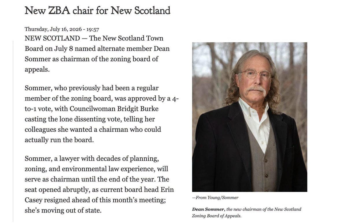 alex_fasulo's tweet photo. The final part of the corrupt Office of Renewable Energy Siting (ORES) puzzle that has not been covered extensively (anywhere) is that fact that one law firm, Young/Sommer, has a near monopoly over foreign solar representation in New York State.

Right now, as we speak, Young/Sommer represents over 40 large-scale renewable projects in the ORES/Article VIII pipeline, and at least 18-20 permitted ORES solar projects.

Fort Edward Solar is one of the projects in their pipeline. 

Every single time a ruling was issued for Fort Edward Solar, Young/Sommer would file their briefs at the same time as the Department of Public Service (DPS), and coincidentally, the DPS and Young/Sommer had almost identical briefs.

It was announced last week that Dean Sommer, managing partner at Young/Sommer, is now the new Zoning Board of Appeals chair in New Scotland, New York.

I was raised in New Scotland.

For incoming votes on solar complexes, battery storage energy systems, and other "renewable" developments they want to implement in New Scotland, wouldn't it be a significant conflict of interest that Dean now gets to vote on the very projects that benefit his renewable energy law firm?

Here is a list of ORES solar projects exclusively represented by Young/Sommer:

Fort Edward Solar (Boralex)
Yellow Barn Solar
Rich Road Solar
York Run Solar
White Creek Solar
Flat Creek Solar
Fort Covington Solar
Two Rivers Solar
Sugar Maple Solar
Oxbow Hill Solar
Alfred Oaks Solar
Somerset Solar
Morris Ridge Solar
Horseshoe Solar
Bear Ridge Solar
South Ripley Solar
Hemlock Ridge Solar
Riverhead Solar 2

It should be illegal for one law firm to leverage this much power in what is supposed to be a "state" permitting process for energy generation. 

No one has covered this monopoly probably out of fear for calling out a powerful law firm.

Luckily, I am on the scene.

This screenshot is from the Altamont Enterprise.

Jesse S. Sommer, who writes the recurring opinion column "So Swears the New Scot" for The Altamont Enterprise, is the son of Dean Sommer.