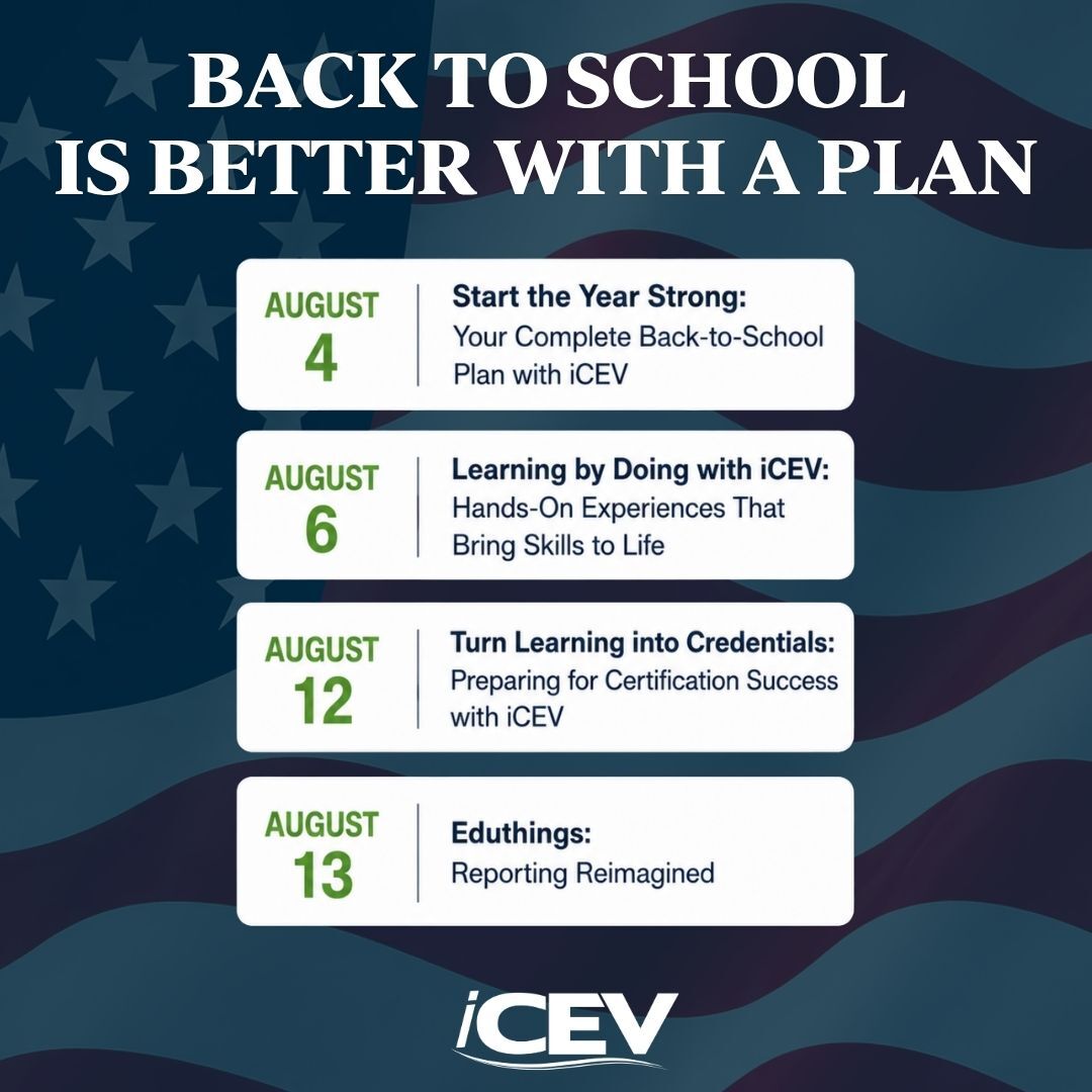 iCEVonline's tweet photo. Back to school is better with a plan.

Our 2026 Webinar Series kicks off tomorrow. Get the tools, strategies and confidence to make this your strongest year yet.

Register today: https://t.co/MZhChR6kQj

#TheWorldNeedsCTE #TheWorldNeedsCTEteachers #iCEV #TheUSANeedsCTE https://t.co/NINGt4vhW1
