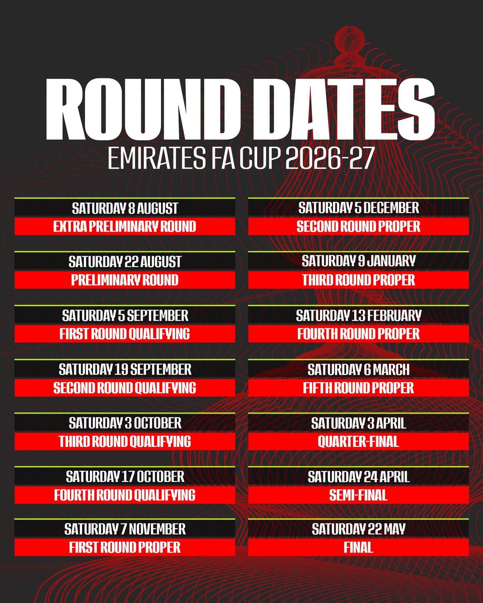 FC7897's tweet photo. Here are the key dates for the 2026/27 #FACup, with the Extra Preliminary Round getting underway on Saturday 8 August and the final set to take place on Saturday 22 May. The Third Round Proper will be played on Saturday 9 January, while the quarter-finals, semi-finals and final are scheduled for April and May.