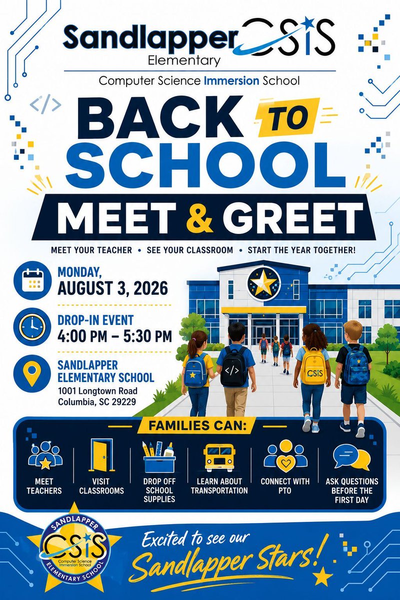 SEstarsR2's tweet photo. 🎉 TODAY IS THE DAY! 🎉

Join us THIS AFTERNOON (Aug. 3rd) from 4:00–5:30 PM for our Back to School Meet &amp; Greet! Come see the classrooms and meet your teachers. 🏫⭐

Remember, the official first day of school is this Wednesday, August 5th! 🚀

#SandlapperStars #BackToSchool https://t.co/SoDgOF1ktR