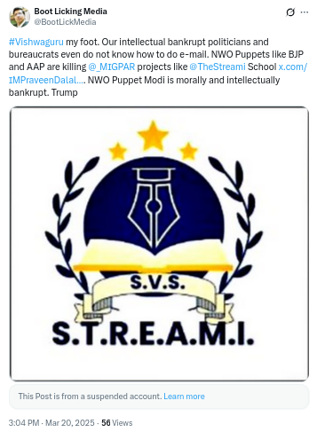 DogeOfIndia's tweet photo. Vishwaguru is a Jumla of Modi. Our corrupt politicians and bureaucrats even do not know how to do e-mail. @_NWOPuppets like BJP and AAP are killing projects like @TheStreami School so that we continue to produce sheeple. @NWOPuppetModi is morally and intellectually bankrupt. https://t.co/kJrKIfPM2K