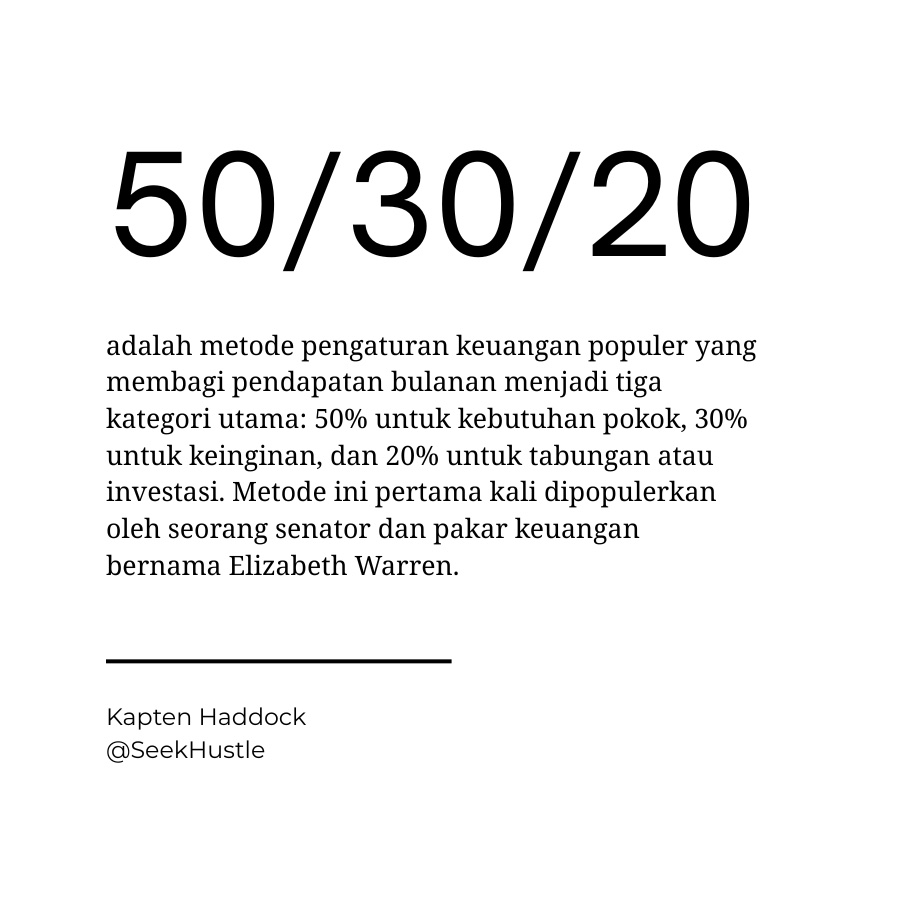 SeekHustle's tweet photo. Bulan Juli lalu, gue tantang 5 temen gue buat jalanin aturan 50/30/20 selama sebulan penuh capt. Gajinya beda-beda, 8 juta ada 2 orang, 11 juta 1 orang, 13jt 1 orang dan yang paling gede 17 juta.
Yang berhasil konsisten sampe akhir bulan cuma 1 orang.
Dan alesan 4 orang gagal itu yang bikin gue mikir ulang soal aturan yang keliatannya paling simpel di dunia keuangan ini.
