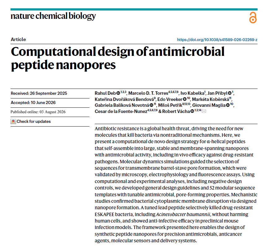 delafuentelab's tweet photo. Published today in @nchembio @NaturePortfolio: a framework for the de novo design of antimicrobial α-helical peptides that assemble into transmembrane barrel-stave nanopores.

By combining computational design with mechanistic and experimental validation, we developed 52 modular sequence templates and demonstrated in vivo efficacy against drug-resistant pathogens.

This work advances our broader goal of learning the principles that govern biological function—and using them to engineer new therapeutic molecules.

Grateful to an outstanding team of collaborators: @rahuldeb60991, @mdt_torres, @EdoVreeker, @KoberskaMarketa, @MagliaGiovanni, @LabVacha, Ivo Kabelka, Jan Přibyl, Kateřina Dvořáková Bendová, Gabriela Balíková Novotná, and Miloš Petřík, @muni_cz, @jisuniversity, @univgroningen, @Penn @PennBioeng @PennEngineers @PennMedicine @PennChemistry @CBE_Penn @PennMicro @PennPsych @PennSAS 

https://t.co/WzNMnFfsmf