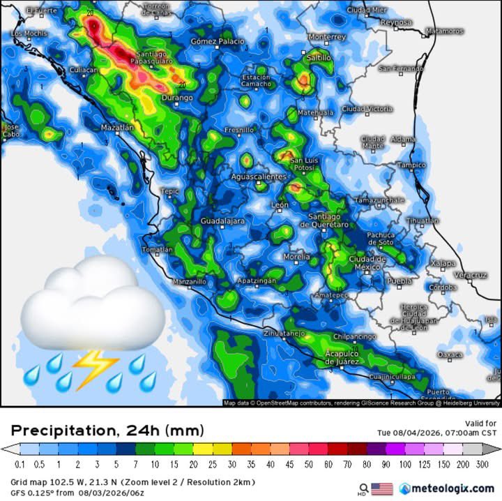InfoMeteoro's tweet photo. ✅PRONÓSTICO LUNES 3/AGO/2026 

“Inicia semana con tormentas dispersas y ambiente caluroso típico, continuando #Canícula…

⛈️LLUVIAS Y TORMENTAS C/GRANIZO

🔴EVENTOS MÁS INTENSOS🔴
-Son, Sin, Dgo, Zac, SLP, Jal, Ags, Mich, EdoMex, Gto, Qro

🟡EVENTOS AISLADOS FUERTES
-BCS, Chih, Coah, NL, Tamps, Col, Mor, CDMX, Pue, Tlax, Ver, Gro, Oax, Chis, Camp, Yuc, Gto

🌡️AMBIENTE DIURNO☀️
♨️🔥 >45ºC límites de BC-Son
🔥41-45ºC BC, BCS, Son, Sin, Chih, Coah, NL, Tamps, Mich, Gro, Tab, Camp, Yuc
🥵36-40ºC noroeste, norte, noreste, sureste, oriente, Pacífico 
😅30-35ºC Bajío, Occidente
😌20-29ºC Altiplano centro

⚠️🌬️RÁFAGAS DE VIENTO km/h
35-60 estados del norte, centro, sureste, siendo mayores en zonas de tormenta
