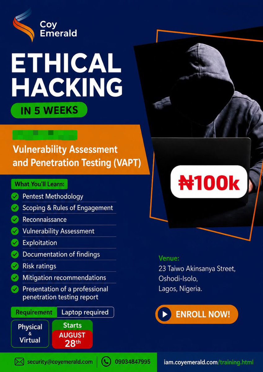 CoyEmerald1's tweet photo. Good afternoon, and Happy New Week!

My name is @CoyEmerald1, I’m from Lagos, 🇳🇬 
I know and understand #EthicalHacking bí ẹni tó ṣe Il'iam àbí Fáhmu rẹ 😄 And I can confidently deliver cybersecurity , ethical hacking services and training, but one area where I still need help is SALES and MARKETING 🤦‍♂️

Over the years, I've done everything I know to build my personal brand “Coy Emerald” 

In the name of PR, I've become a content creator 😅 

In the name of PR, I’ve been mistaken as alainkanse ọmọ abi jagaban army even before the matter associated to the @Sundayvibe00 😅

Also, in the name of PR , I’ve been featured in several media outlets bi @vanguardngrnews , @nigeriantribune , e.t.c, and even on @channelstv 

And I consistently showcase my cybersecurity and ethical hacking skills, and not even to show off, but to DEMONSTRATE that I genuinely have the expertise and can deliver value for whatever I’m paid for 

But despite all the effort, the sales haven't matched the value I'm offering 🤦‍♂️

It’s my 2yrs in Lagos in pursuit of excellence ,but I’m still having feelings that I may not break this chain of ……. unless I break ……. 🌚 and that I don’t wish to do! 

I've invested in paid ads, partnered with some influencers, and even tried different promotional strategies
The likes of @abdullahayofel, @omoalhajaabiola, @_DeejustDee and my friends on Facebook with the profile link https://t.co/HmLn3Xq5tD have tried for me too

Some of these trials worked to an extent, while others simply took my little money without generating meaningful results 🤦‍♂️

At this point, I want to try a different approach 😩

At this point, I want to do WHATEVER it takes to WIN 🗣️

So please, I'm looking for someone whose strength is MARKETING , while I continue to focus on what I do best i.e delivering high-quality cybersecurity , ethical hacking services and training 

Once again, 
PLEASE  I'm looking for experienced marketers, community builders, influencers, affiliates, or anyone with a strong reach in the tech space to help promote my Cybersecurity and EthicalHacking services, including this upcoming 5-week Ethical Hacking Training on Vulnerability Assessment & Penetration Testing (VAPT)

My goal is to enroll 100-200 students before the program begins 

It’s not a must to start this training ni August 28th🗣️

I'm flexible with the commencement date if it allows us enough time to achieve strong enrollment 

I'm honestly looking to partner with individuals or agencies who can drive #paid registrations , so If you have experience in #digitalmarketing, community marketing, influencer marketing, affiliate marketing, student acquisition, or any proven strategy that converts, I'd love to work with you 🙏

I'm open to a mutually beneficial compensation structure and willing to discuss terms that work for both of us

Please If you're interested, or you know someone who would be a good fit, please send me a direct message here or contact me 👇 

WhatsApp: ￼+2349034847995

📧 hello@coyemerald.com

I genuinely look forward to connecting with people who can help me Grow 😫 

While I continue focusing on delivering value through Cybersecurity and EthicalHacking 

@CoyEmerald1
Cybersecurity Specialist