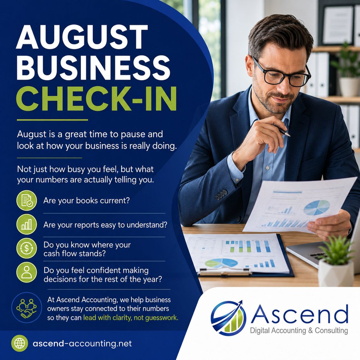 ascend_account's tweet photo. August is a great time to pause and look at how your business is really doing.
Not just how busy you feel, but what your numbers are actually telling you.
We help business owners stay connected to their numbers so they can lead with clarity, not guesswork. https://t.co/iulpSfes1I
