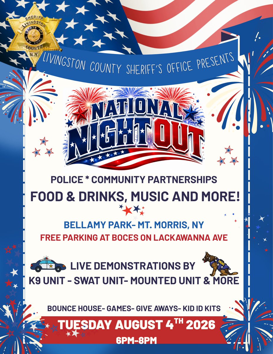 LivCoSheriffs's tweet photo. 🎉TOMORROW IS THE BIG DAY 🎉

Reminder! Tomorrow is our National Night Out event at Bellamy Park in Mount Morris from 6pm until 8pm.

Stop in and grab a bite to eat, play some games and chat with your local Law Enforcement, Fire and EMS agencies that are there! https://t.co/47Fx7ieGT9