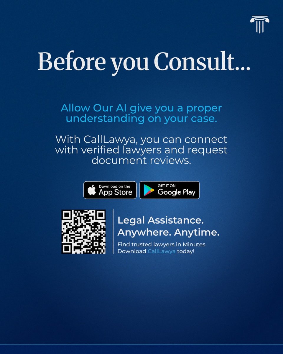 CallLawya_app's tweet photo. Why use Lex AI when ChatGPT already exists?

Because Lex AI was built for Nigerian legal questions.

It helps you understand your legal situation in the Nigerian context and connects you with a verified lawyer when you need one.

AI informs.
Lawyers advise.

📲 Download CallLawya https://t.co/KntMp3XNhd