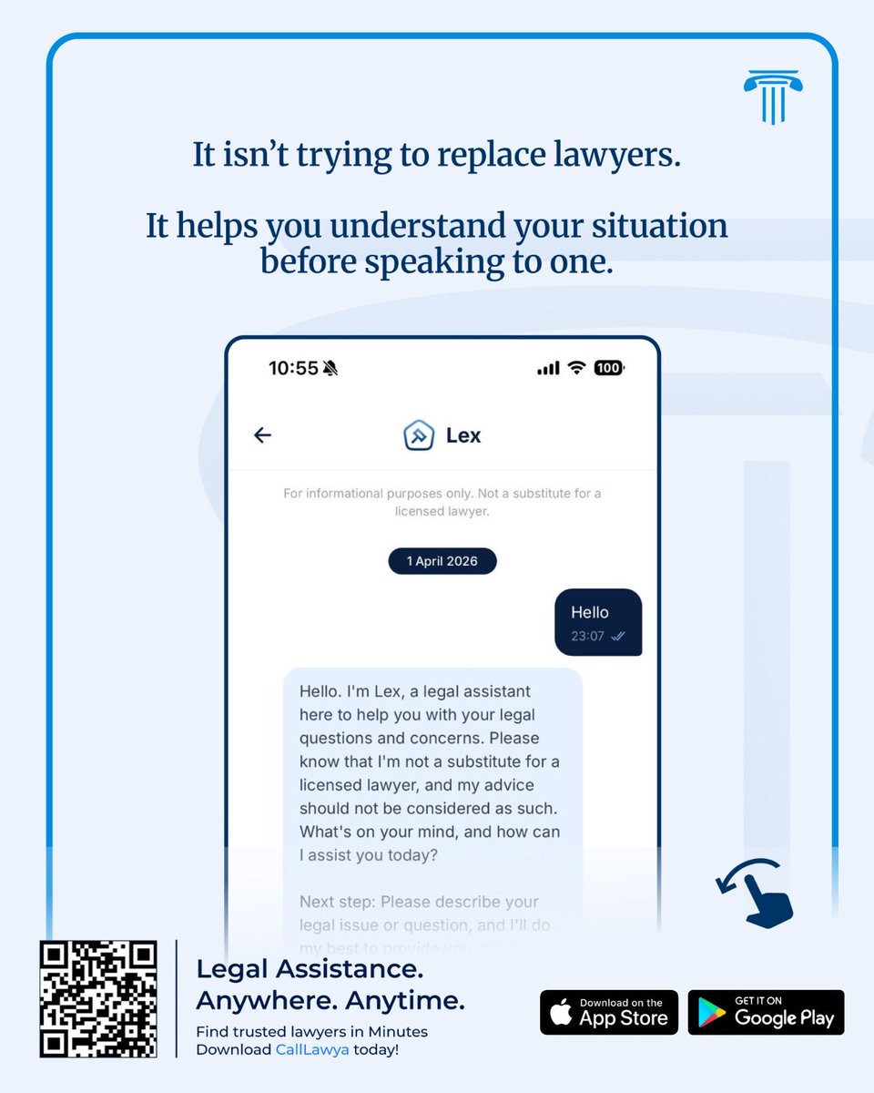 CallLawya_app's tweet photo. Why use Lex AI when ChatGPT already exists?

Because Lex AI was built for Nigerian legal questions.

It helps you understand your legal situation in the Nigerian context and connects you with a verified lawyer when you need one.

AI informs.
Lawyers advise.

📲 Download CallLawya https://t.co/KntMp3XNhd