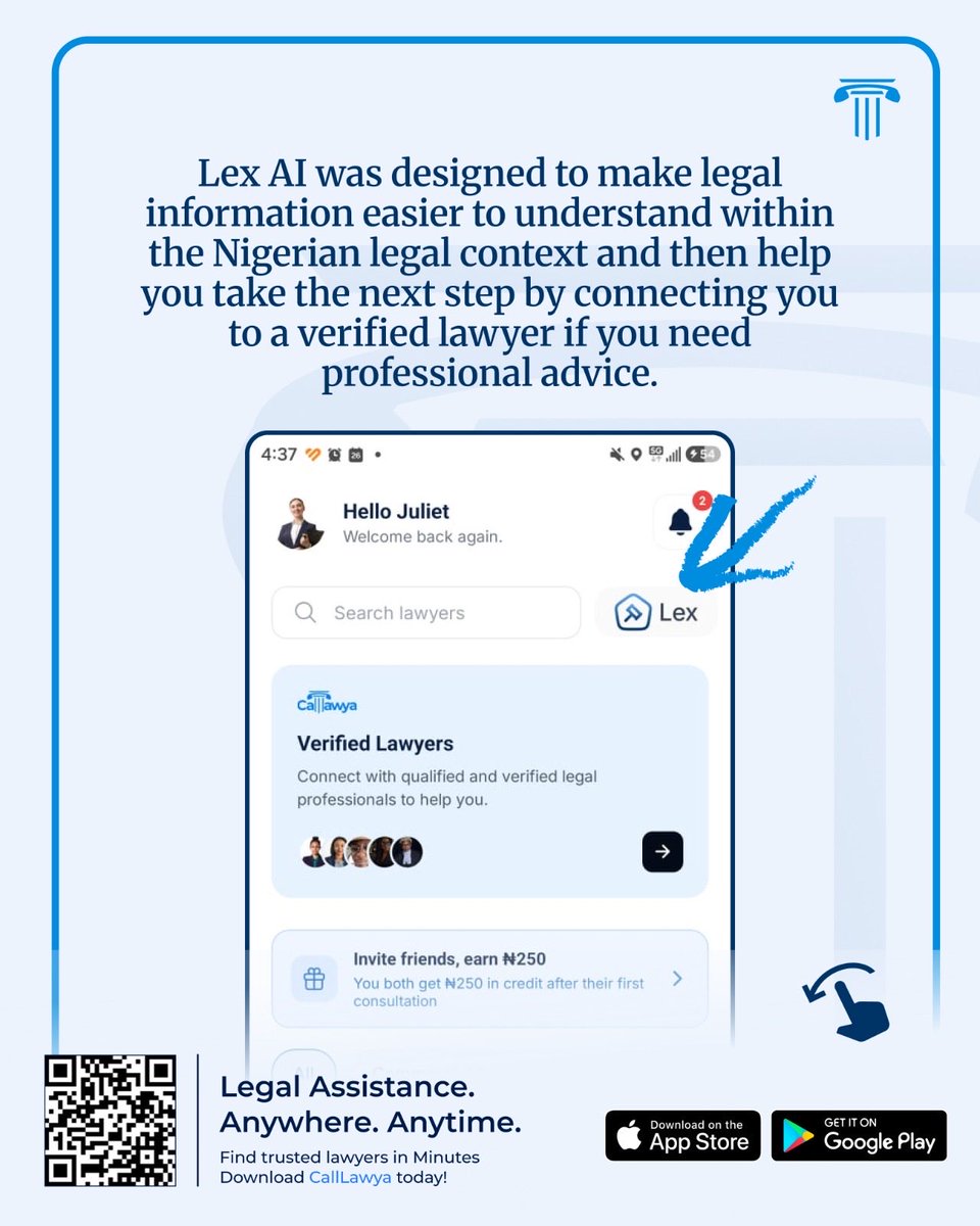 CallLawya_app's tweet photo. Why use Lex AI when ChatGPT already exists?

Because Lex AI was built for Nigerian legal questions.

It helps you understand your legal situation in the Nigerian context and connects you with a verified lawyer when you need one.

AI informs.
Lawyers advise.

📲 Download CallLawya https://t.co/KntMp3XNhd