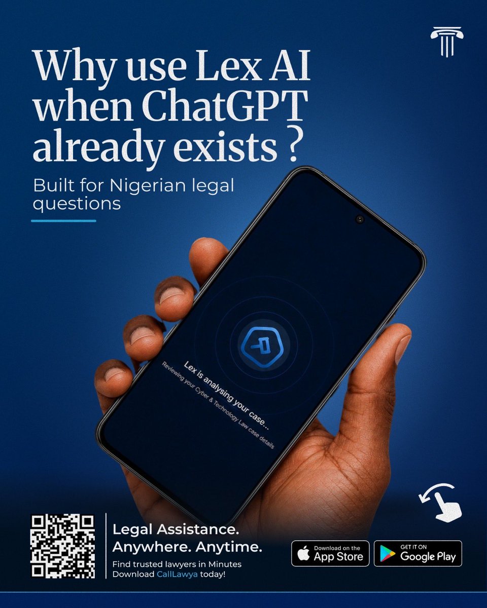 CallLawya_app's tweet photo. Why use Lex AI when ChatGPT already exists?

Because Lex AI was built for Nigerian legal questions.

It helps you understand your legal situation in the Nigerian context and connects you with a verified lawyer when you need one.

AI informs.
Lawyers advise.

📲 Download CallLawya https://t.co/KntMp3XNhd