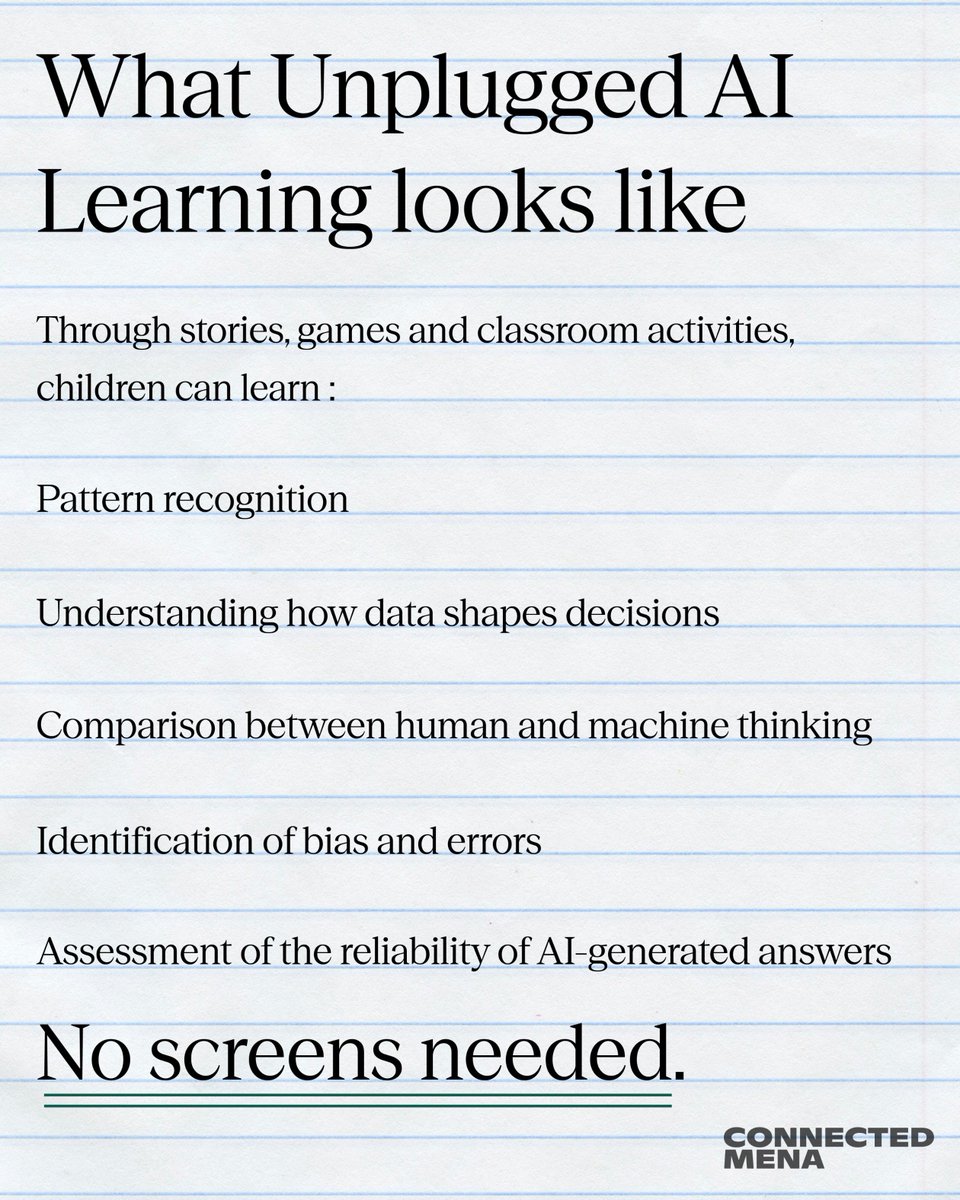 CONNECTED_MENA's tweet photo. We often assume AI literacy starts with a chatbot, but it actually begins with curiosity, reasoning, asking good questions, and understanding how decisions are made. When those foundations are in place, students are better prepared for every AI tool that follows.

At CONNECTED MENA, we are reimagining how AI is introduced in schools. Our curriculum focuses on developing understanding before application, ensuring students build the knowledge and critical thinking needed to engage with AI responsibly as they grow.

#AILiteracy #AIinEducation #CONNECTED_MENA