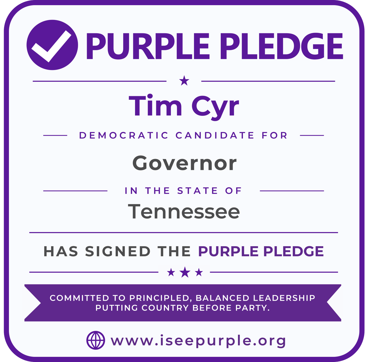 purplepledge's tweet photo. ✅ Tim Cyr has signed the #PurplePledge.  

As a candidate for Governor of #Tennessee, Tim is publicly committing to principled, country-first leadership grounded in truth, integrity, accountability, and service to the people.

The Purple Pledge asks candidates to put democratic principles and constitutional governance above party loyalty — and gives voters a clear way to see who is willing to make that commitment publicly.

Voters can join the movement too by signing the Purple Pledge at https://t.co/bGUNfX6kTT.

#ISeePurple #Tennessee2026 #CountryBeforeParty
